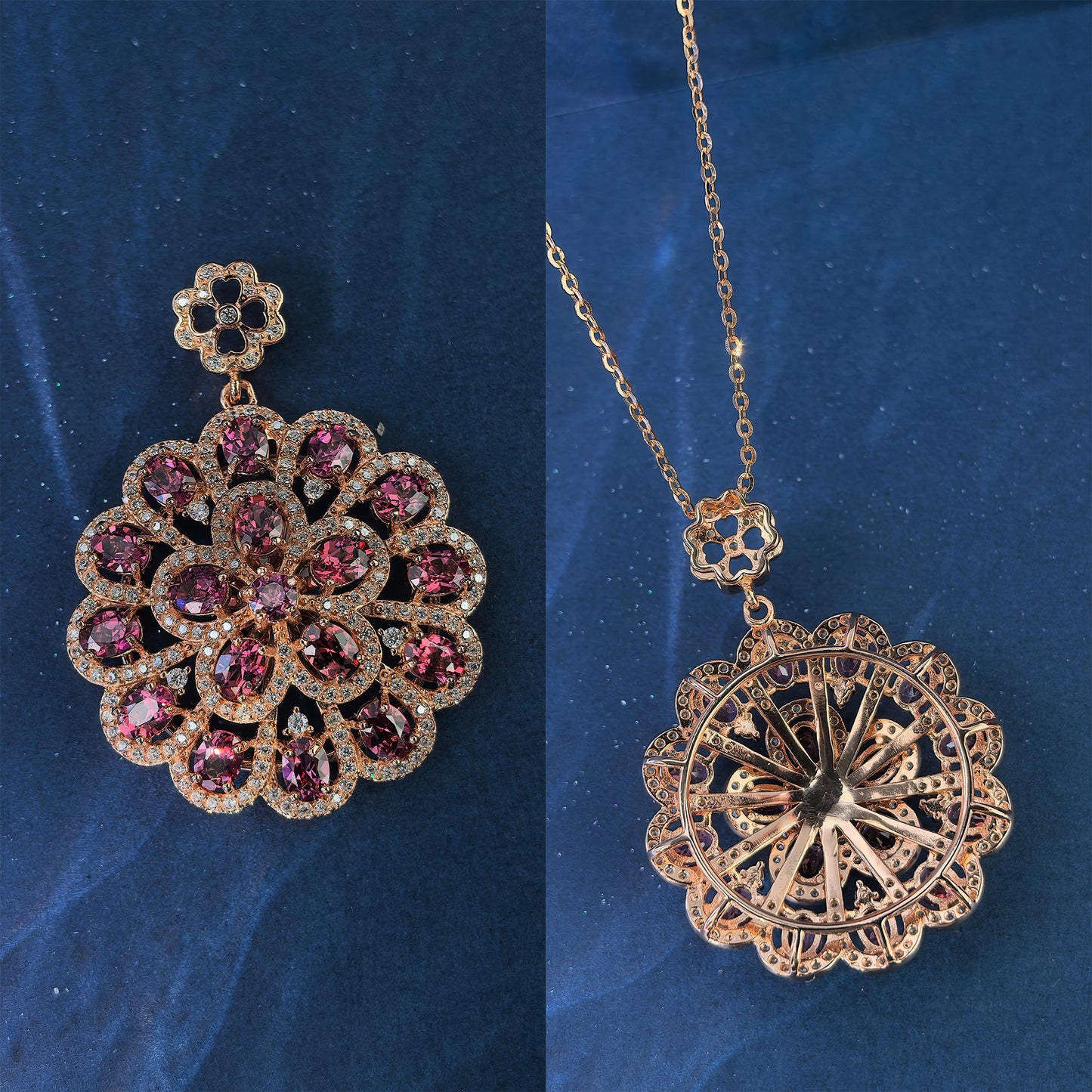 Elegant Rhodium/Rose Gold Plated 925 Silver Natural Pyrope/Sapphire Flower Pendant