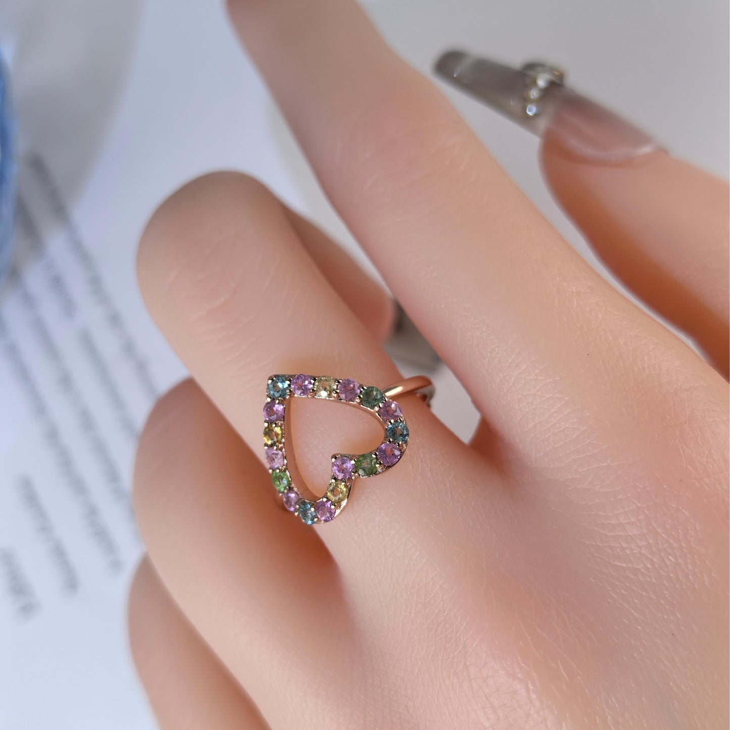 Romantic Rose Gold-Plated 925 Silver Natural Tourmaline Heart Gemstone Ring
