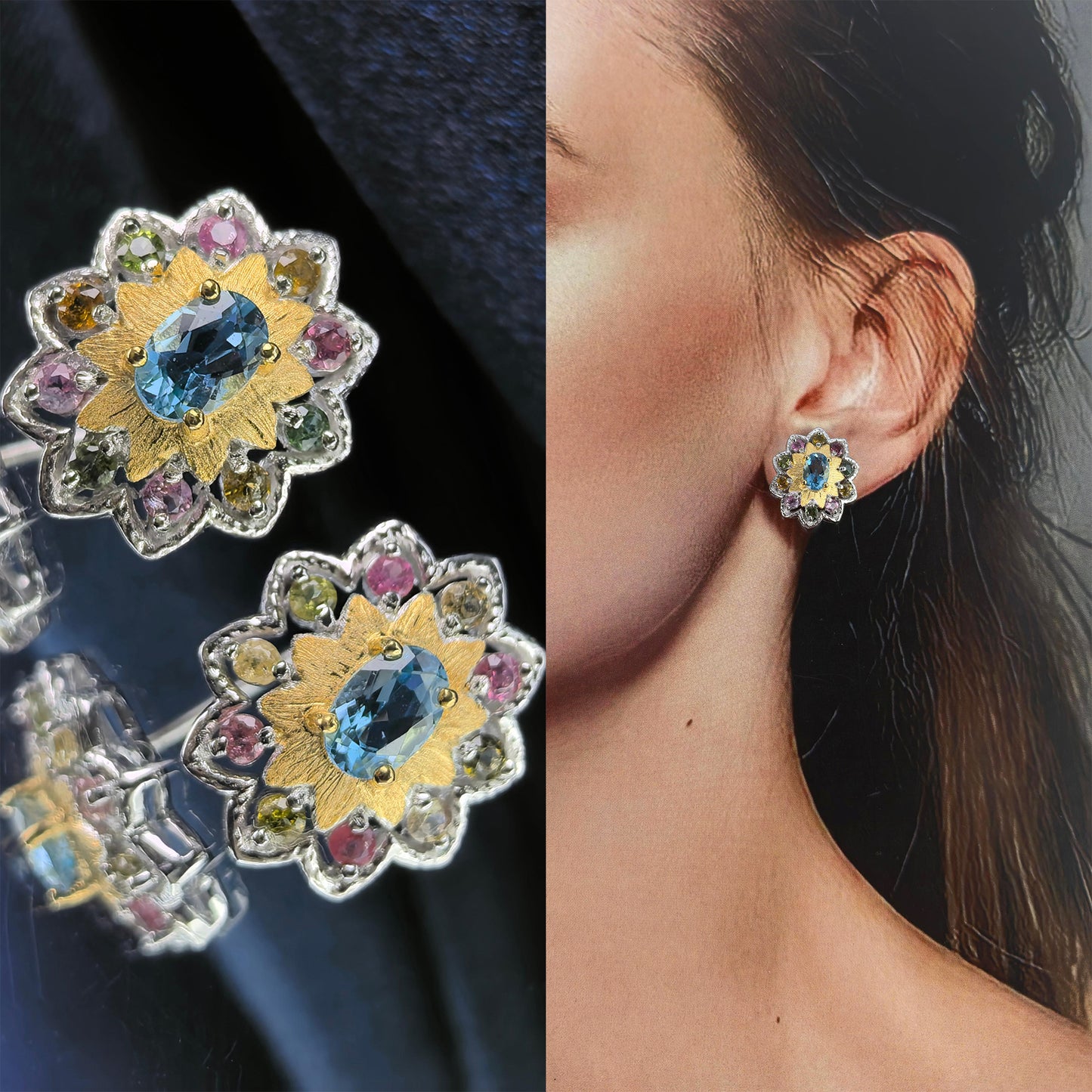 Delicate Rhodium Plated 925 Silver Jewelry Natural London Blue Topaz/Sapphire Flower Stud Earrings