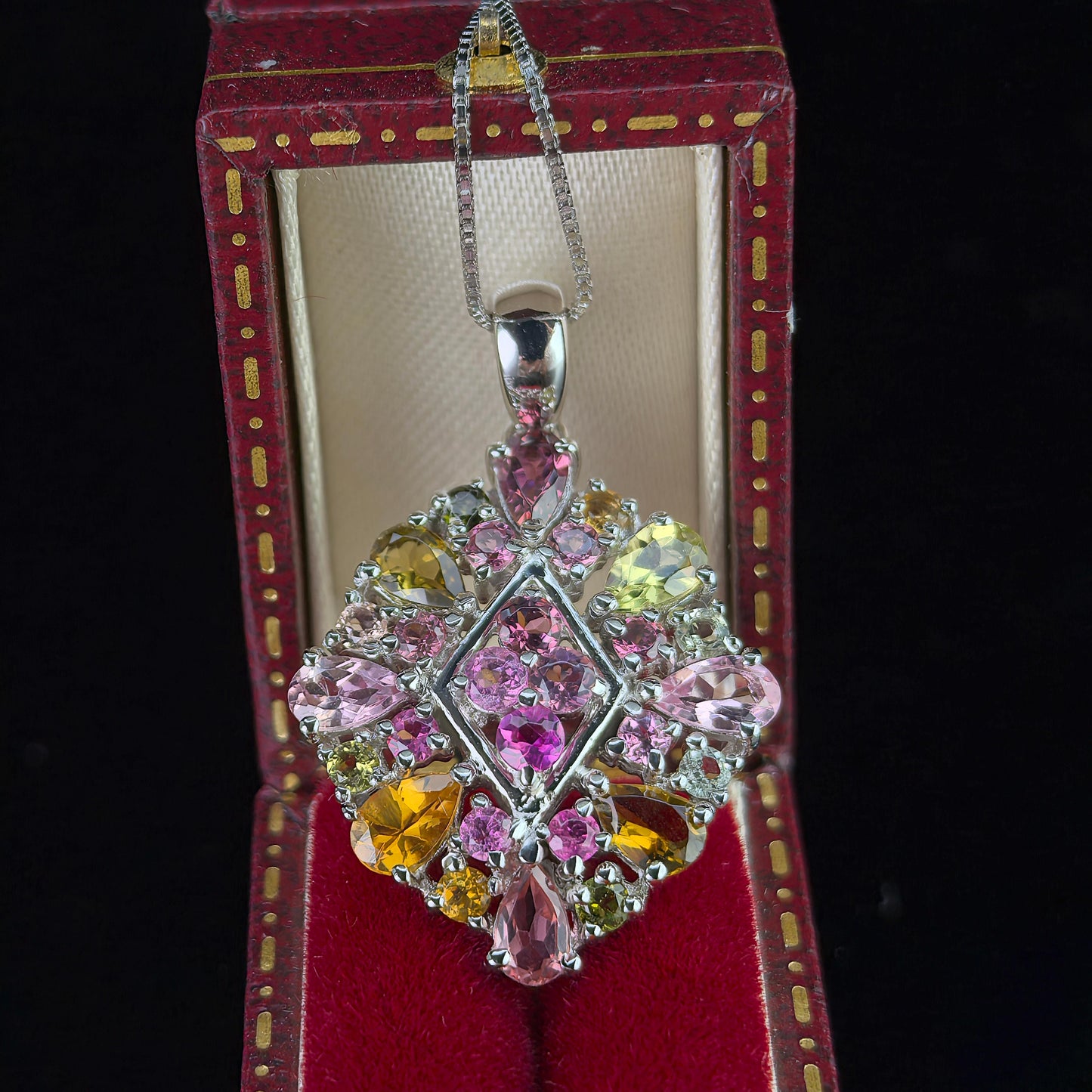 Dazzling Rhodium Plated Silver 925 Jewelry Natural Tourmaline Flower Pendant