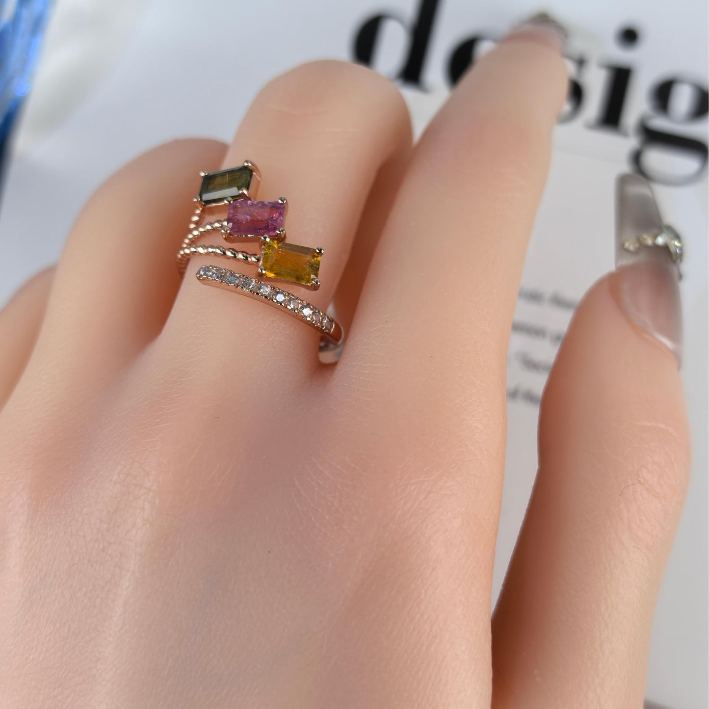 Gorgeous Rose Gold Plated 925 Silver Jewelry Natural Tourmaline Ring