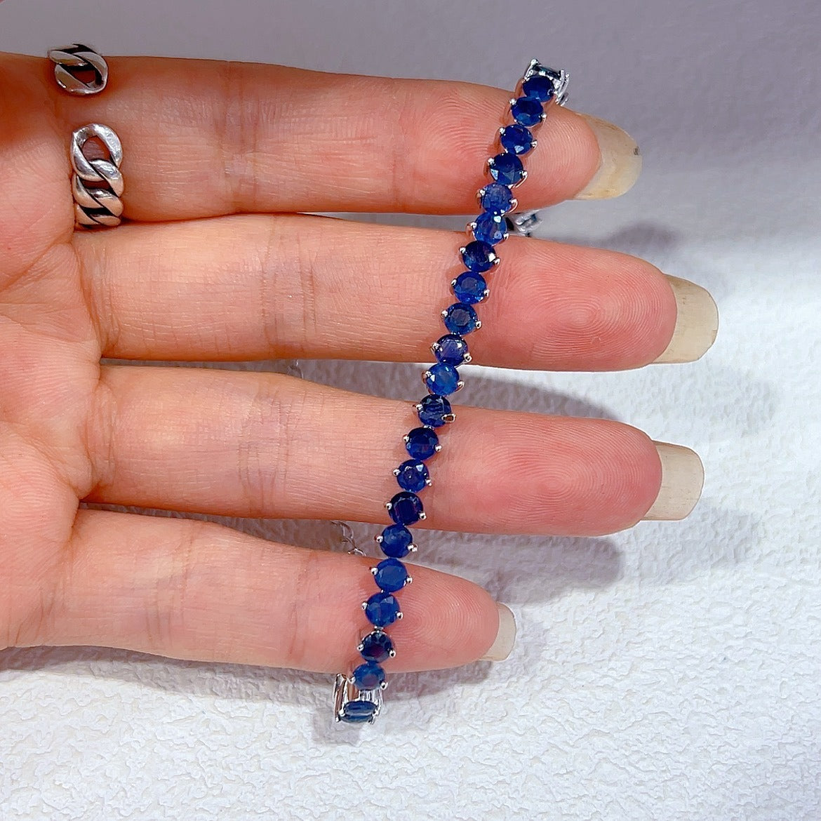 Luxurious Rhodium Plated 925 Sterling Silver Natural Sapphire Bracelet