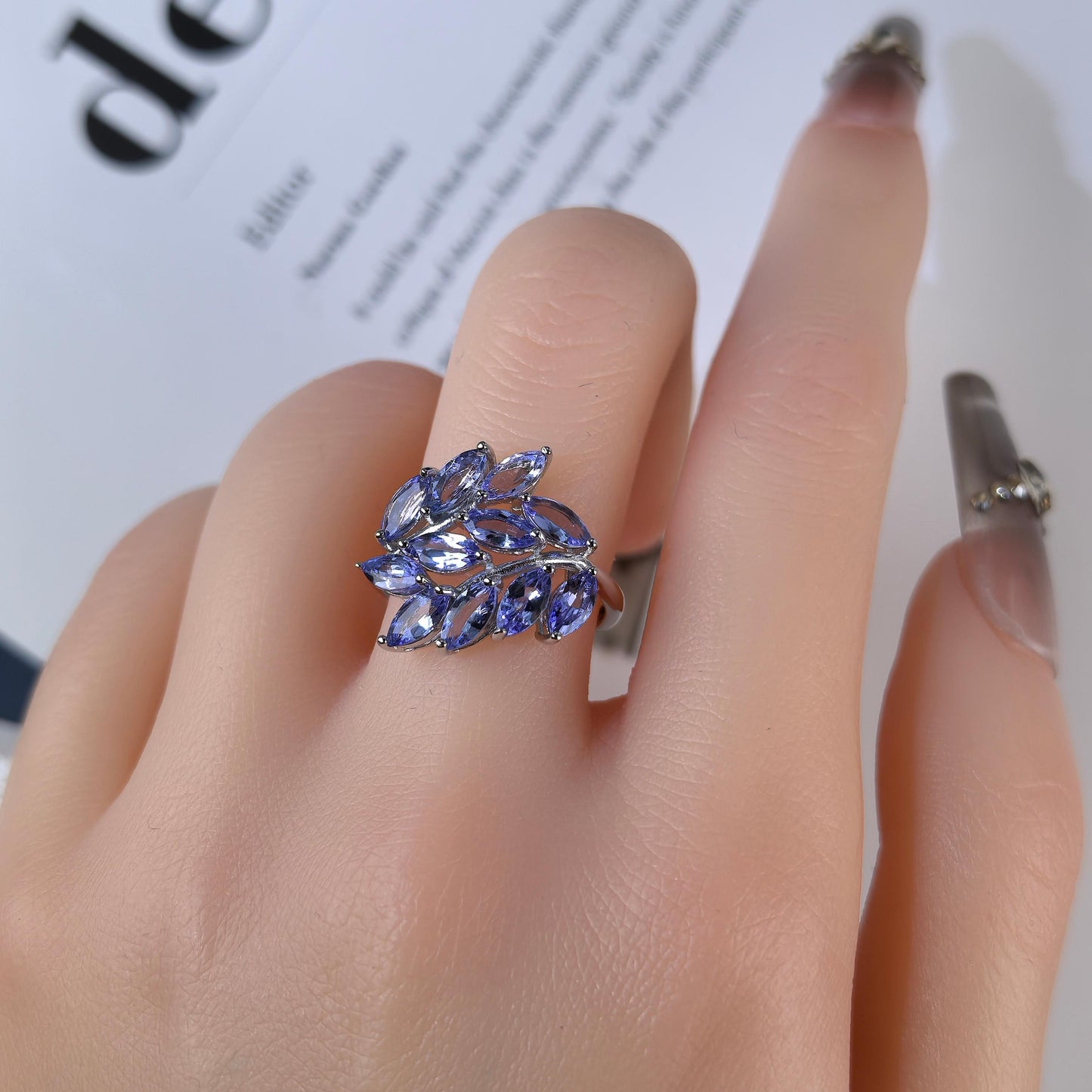 Charming Rhodium Plated Silver 925 Jewelry Natural Tanzanite Leaves Ring