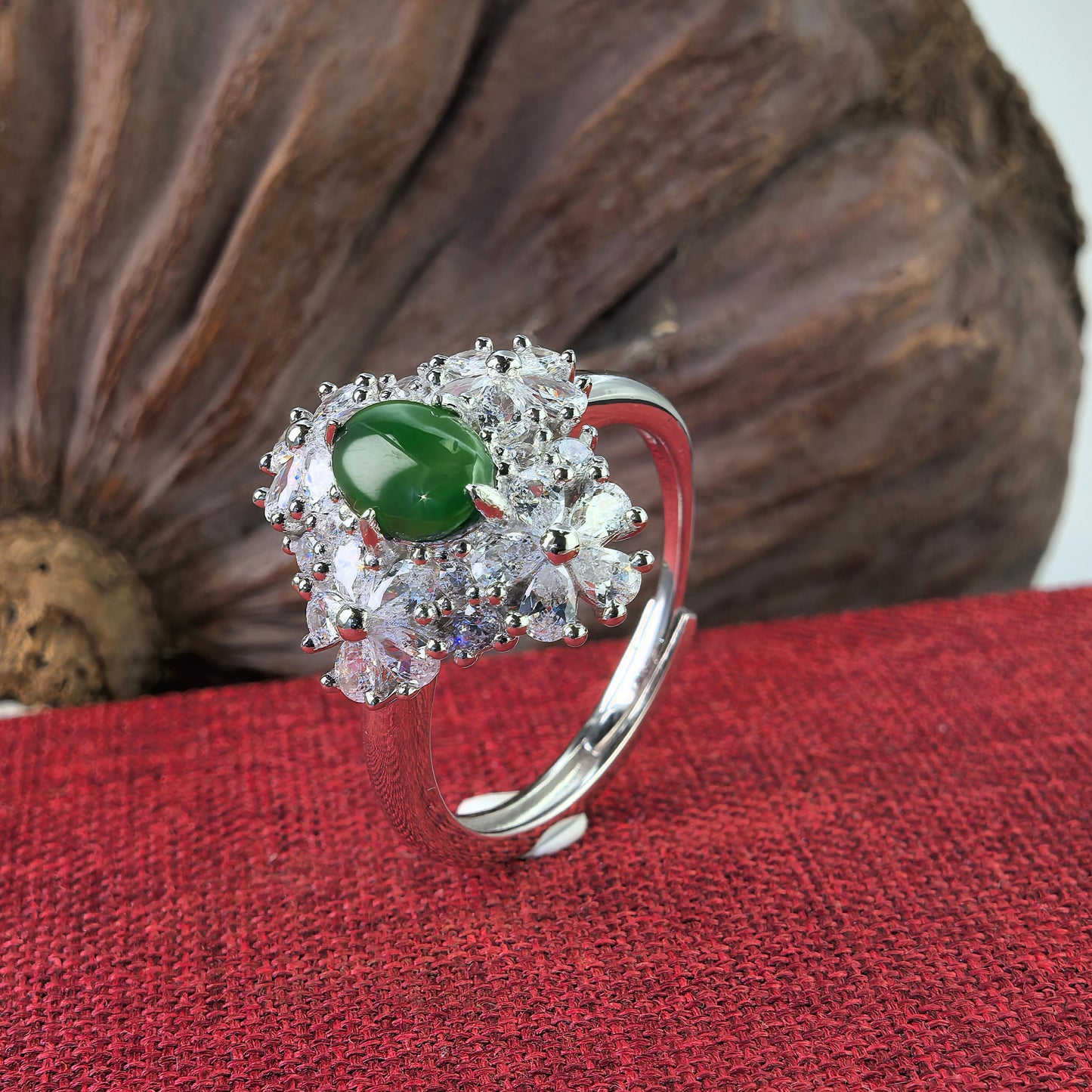 Elegant Rhodium Plated Silver 925 Jewelry Natural Jadeite Flower Ring