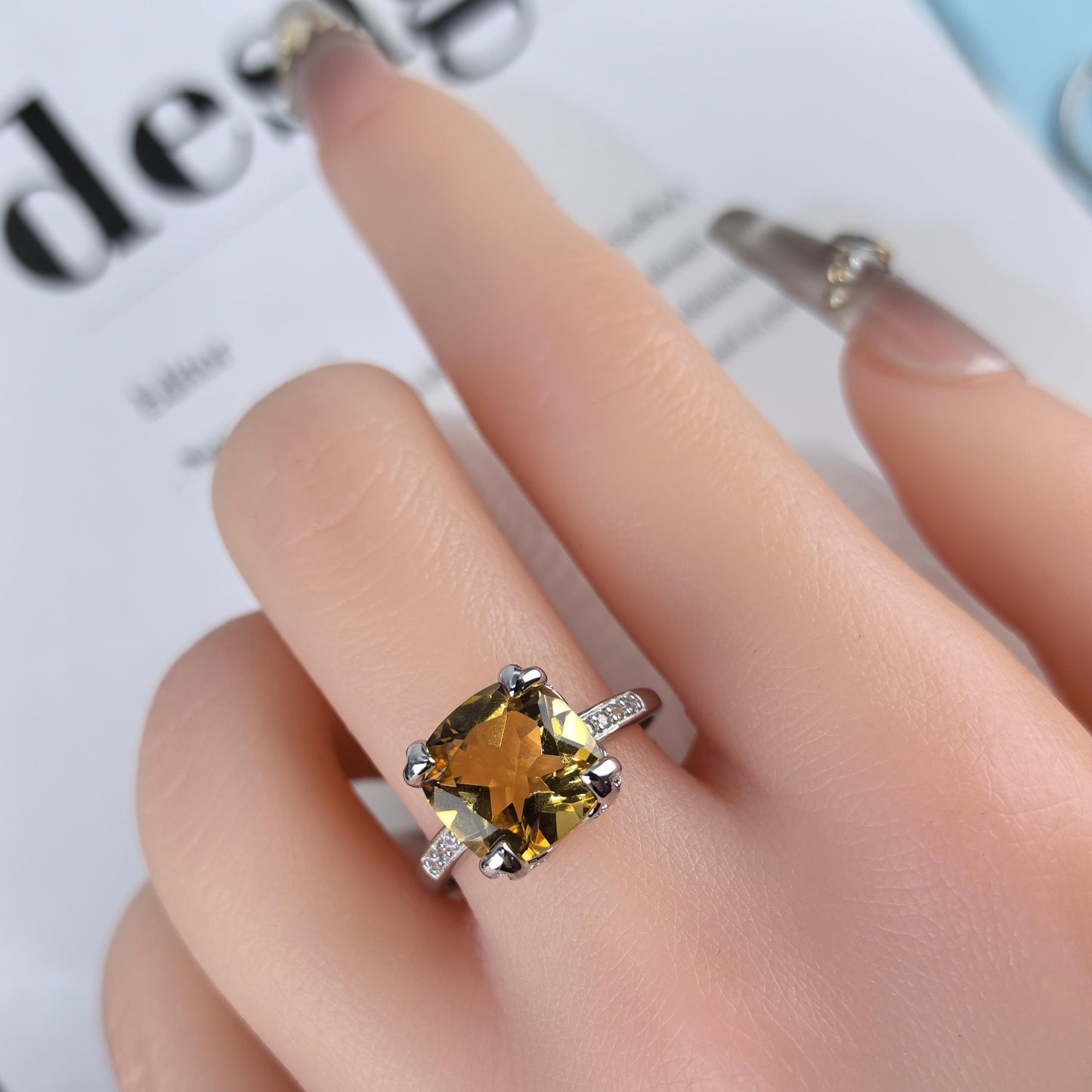 Charming Rhodium Plated Silver 925 Jewelry Natural Citrine Ring