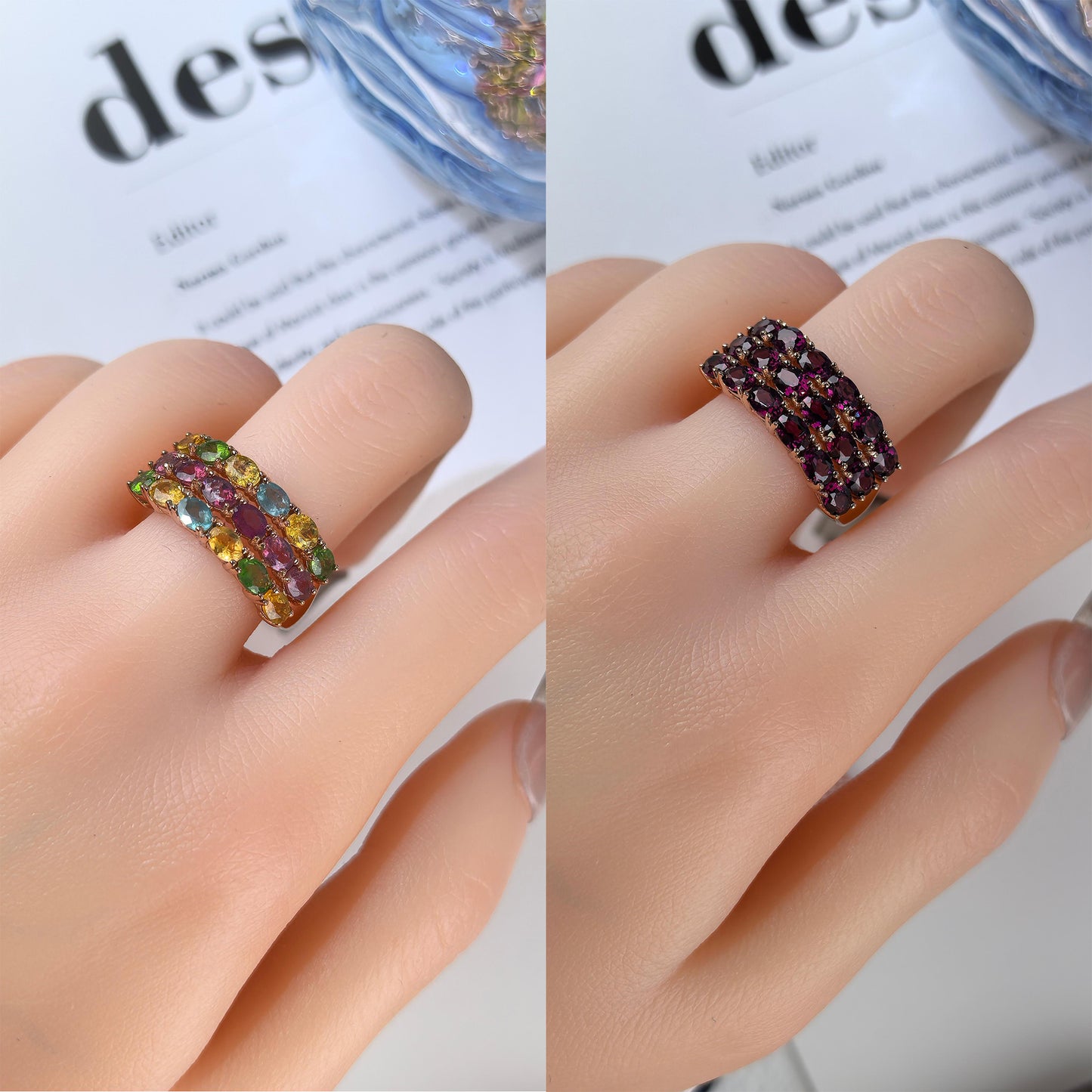 Sparkling Rhodium/Rose Gold Plated Silver 925 Jewelry Natural Tanzanite/Diopside/Pyrope/Tourmaline Ring