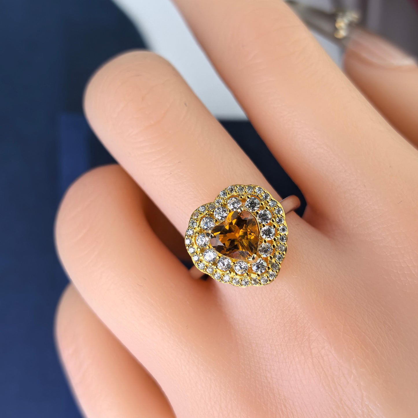 Dazzling Rhodium and Gold Plated Silver 925 Jewelry Natural Citrine Heart Ring