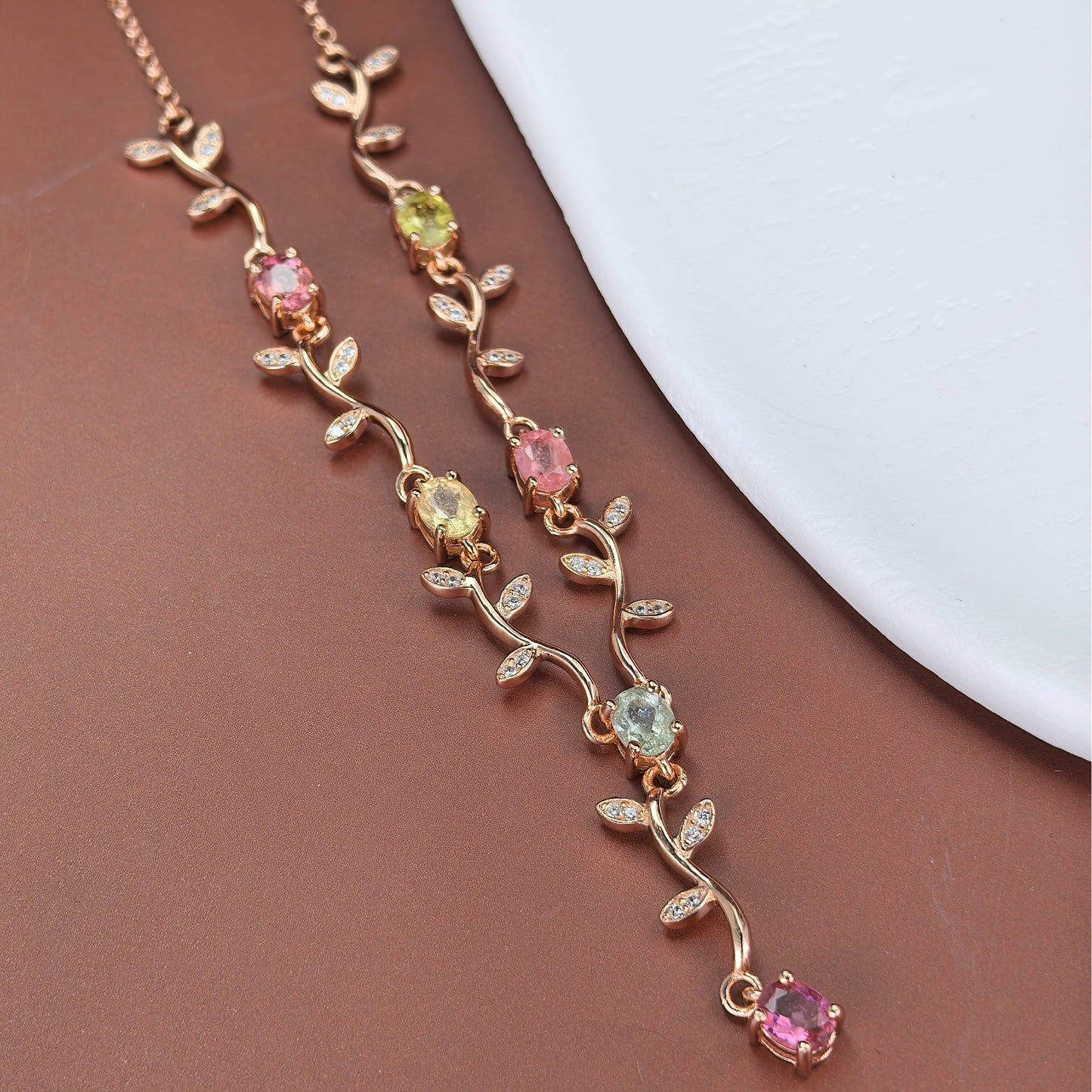Rhodium/Rose Gold Plated Silver 925 Jewelry Natural Diopside/Tourmaline Flower Necklace