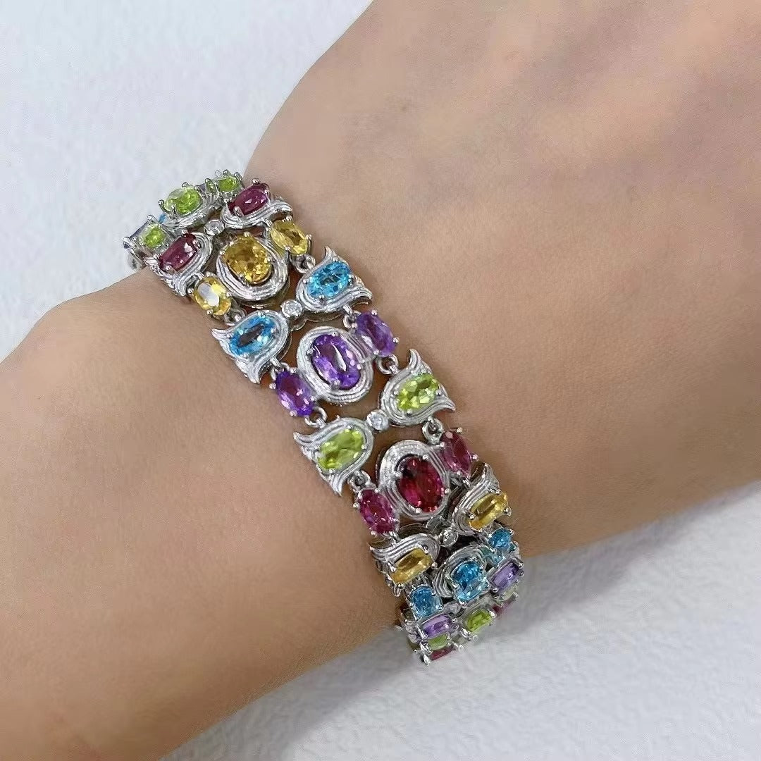 Women's Delicate Rhodium Plated Silver 925 Bracelet with Multiple Natural Gemstones Fine Jewelry for Parties and Gifts