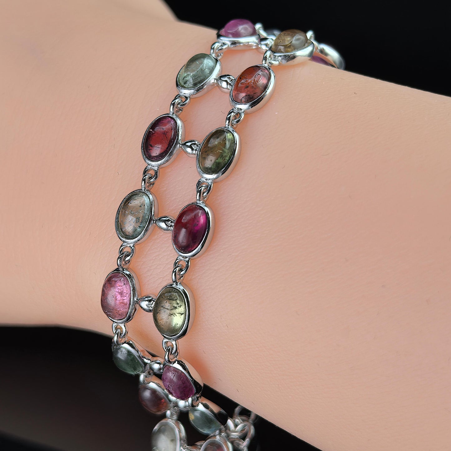 Luxurious Rhodium Plated Silver 925 Jewelry Natural Tourmaline Bracelet