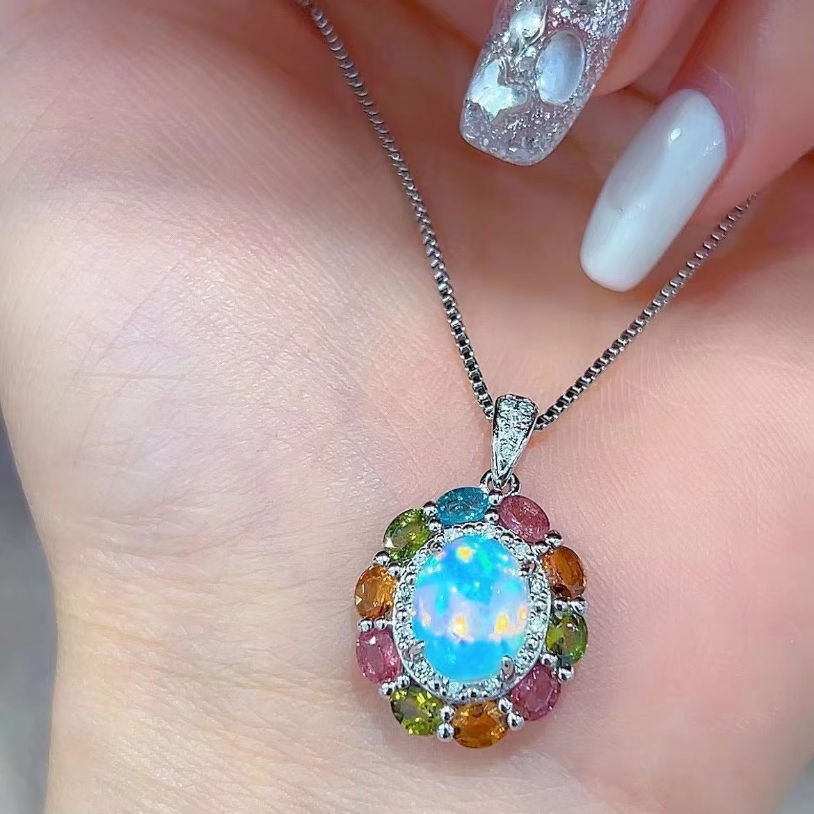 Delicate Rhodium Plated Silver 925 Jewelry Natural Opal Flower Jewelry Set