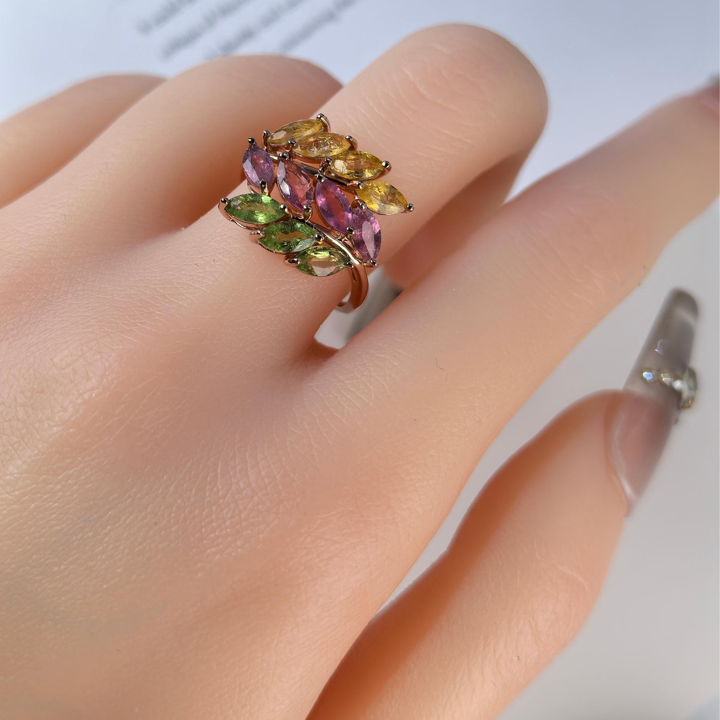 Elegant Rose Gold Plated Silver 925 Jewelry Natural Tourmaline Leaf Ring