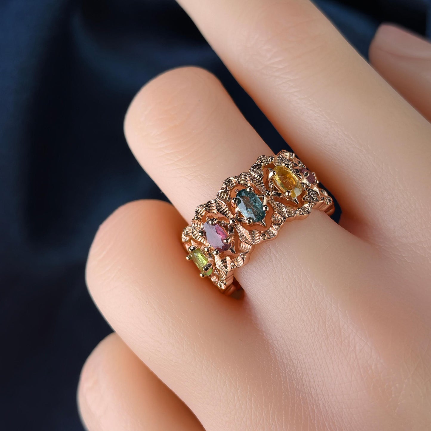 Elegant Rose Gold Plated 925 Silver Jewelry Natural Tourmaline Ring