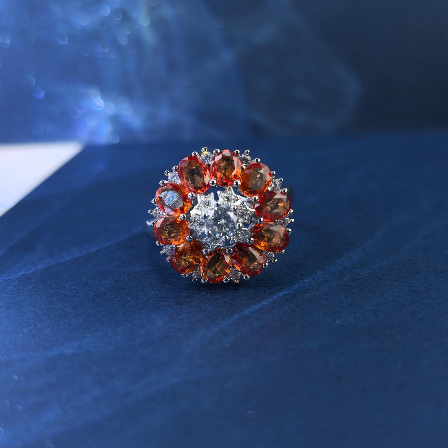 Luxurious Rhodium Plated Silver 925 Jewelry Natural Mandarin Sapphire Flower Ring