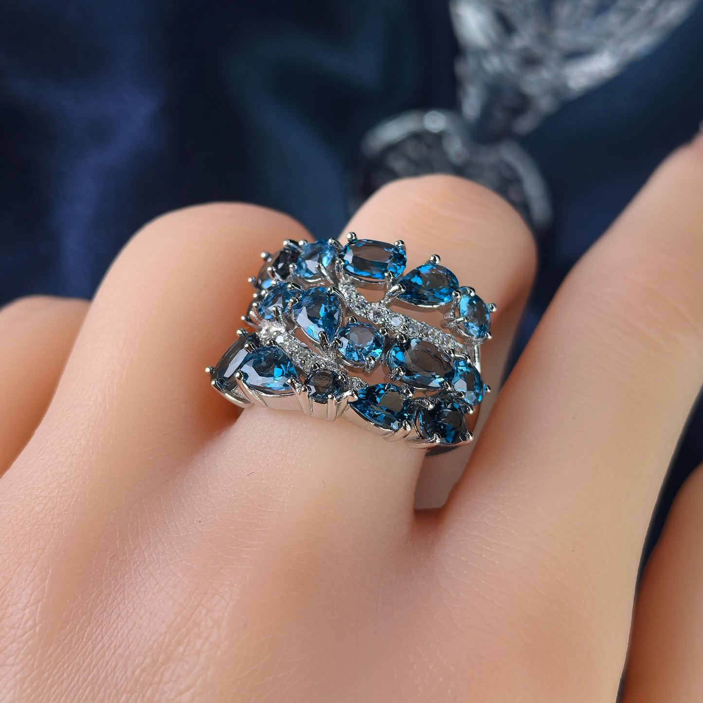 Dazzling Rhodium Plated 925 Silver Jewelry Natural London Blue Topaz Ring