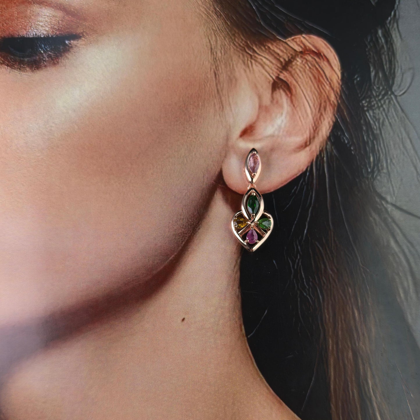 Graceful Rose Gold Plated 925 Silver Jewelry Natural Tourmaline Drop Earrings