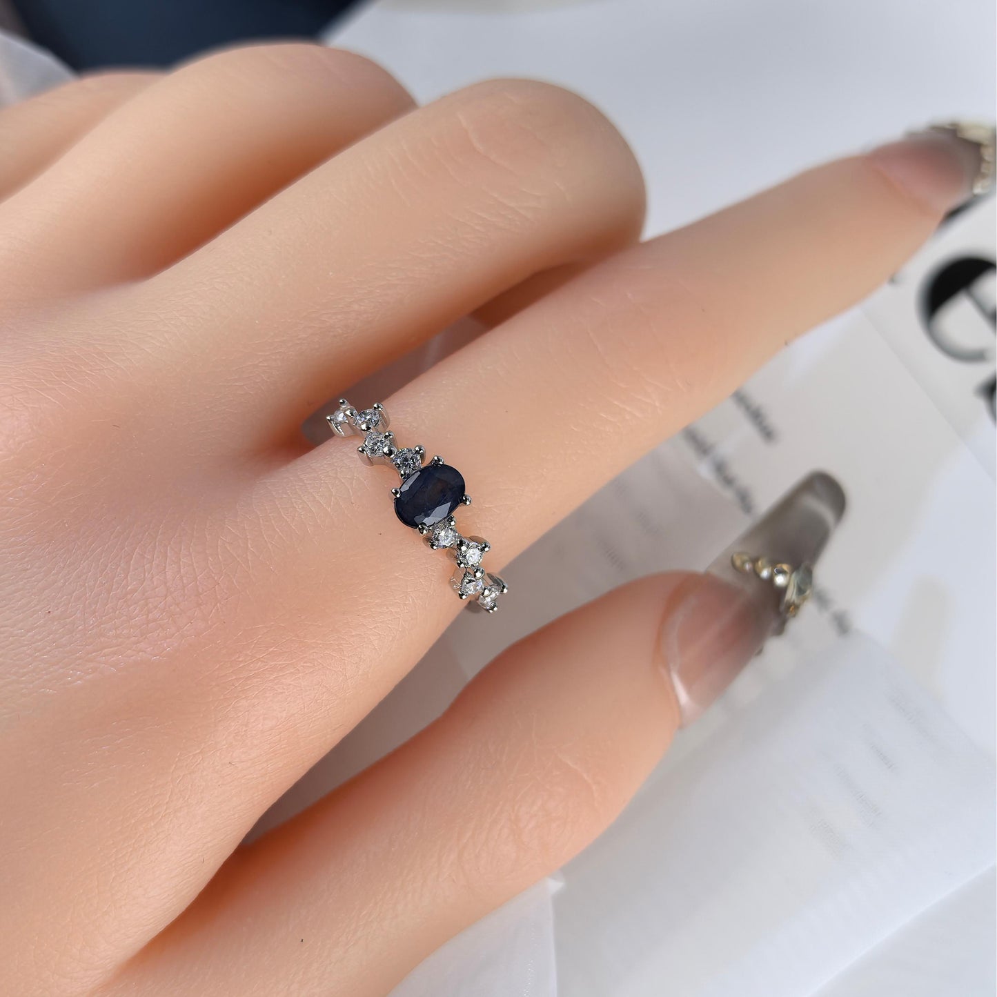 Delicate Rhodium Plated 925 Silver Jewelry Natural Sapphire Ring