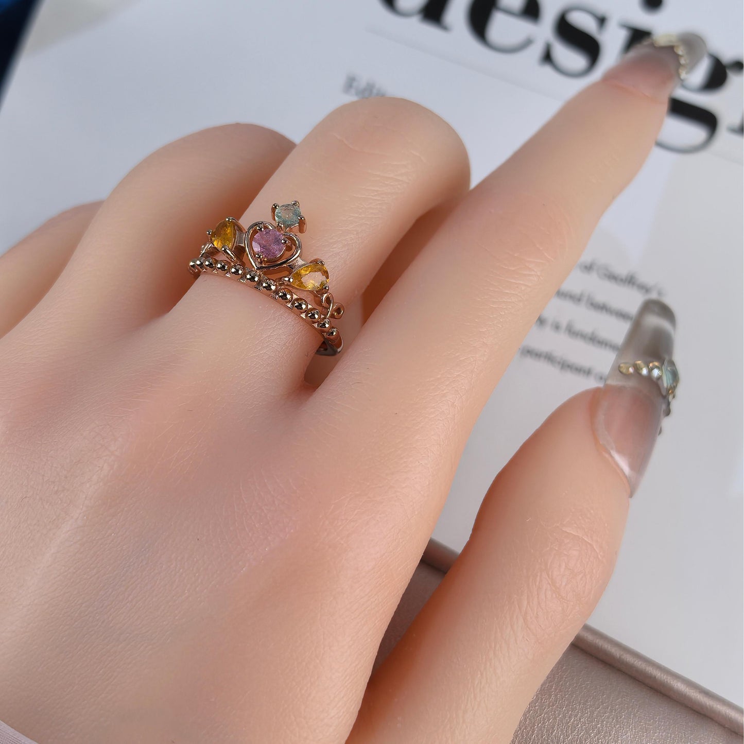 Graceful Rose Gold Plated 925 Silver Jewelry Natural Tourmaline Crown Ring