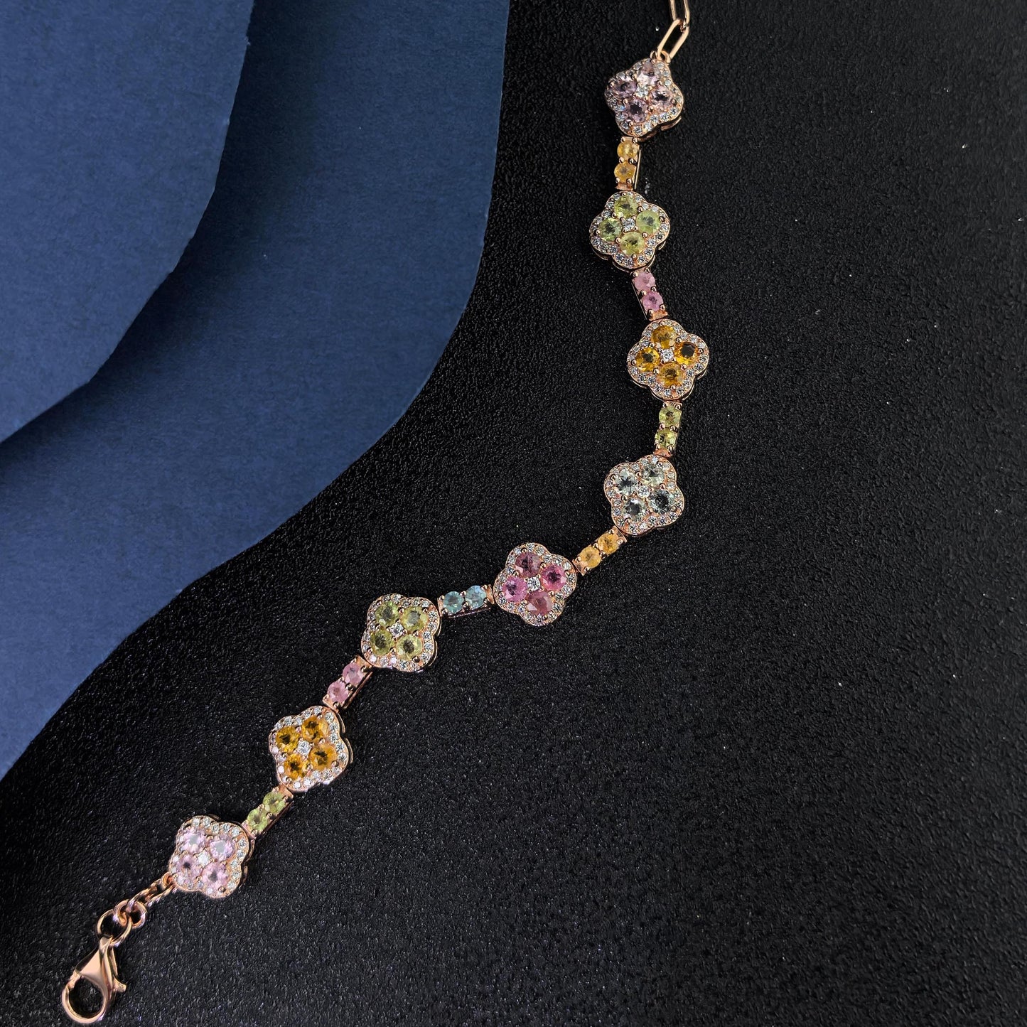 Romantic Rose Gold Plated 925 Fine Jewelry Natural Tourmaline Clover Bracelet