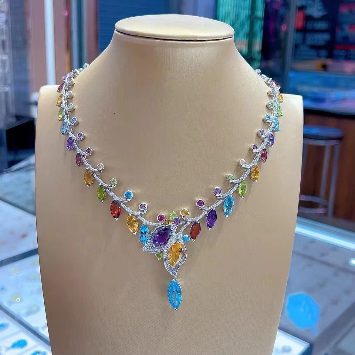 Luxurious Rhodium Plated Silver 925 Multiple Natural Gemstone Leaf Necklace