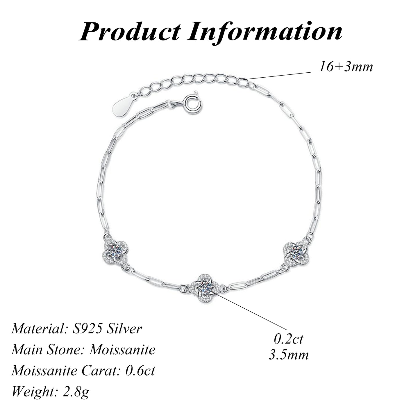 S925 Sterling Silver Bracelet Luxury 0.6ct Moissanite Diamond Bracelet with Four Leaf Clover Women's Wedding Jewelry for Parties