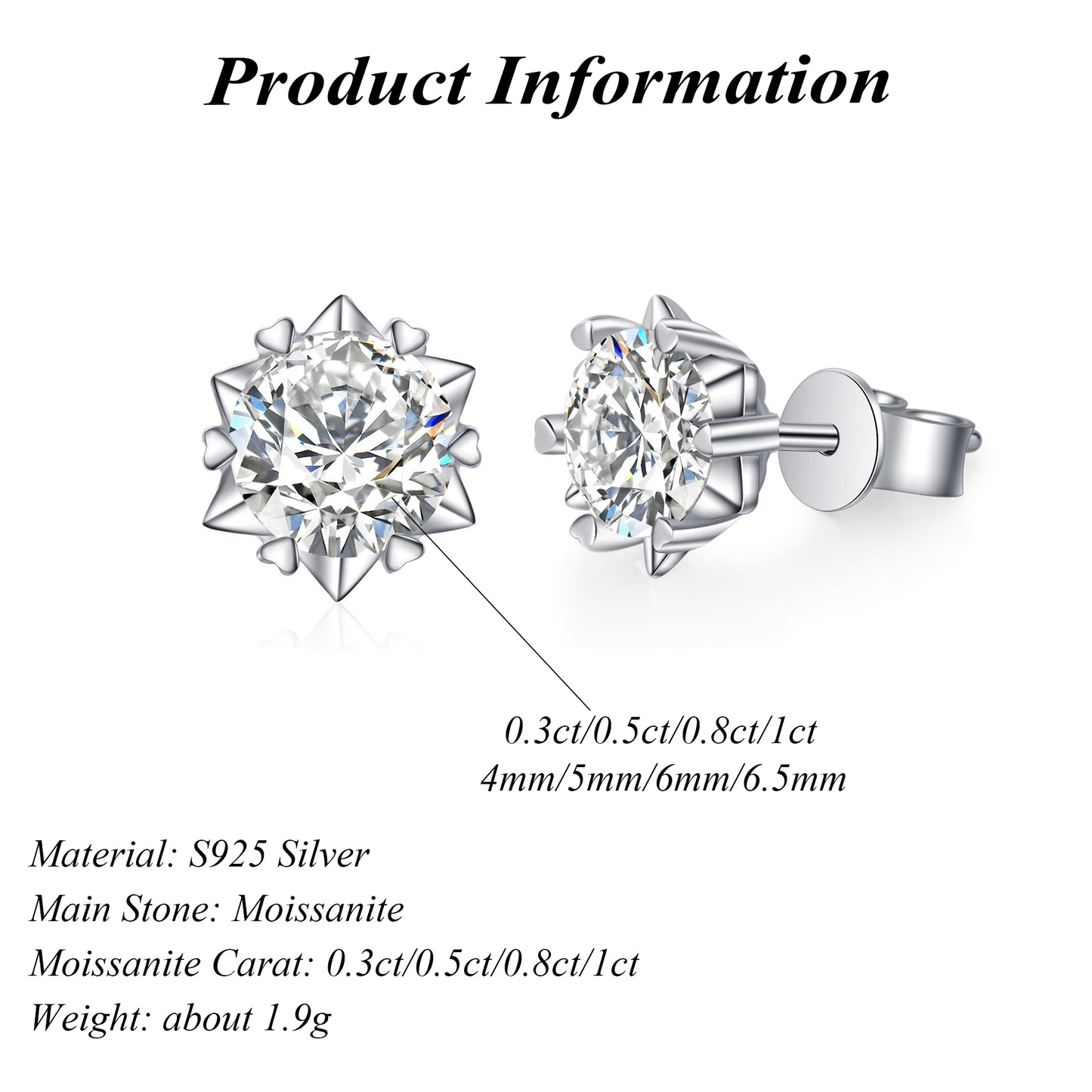 S925 Sterling Silver Round Cut Moissanite Snowflake Earrings 0.3/0.5/0.8/1ct