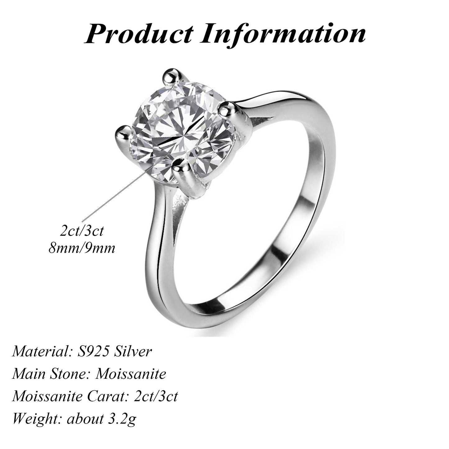 GRA Certified 3ct Moissanite Engagement Ring Solitaire 925 Silver Fine Soldered Ring