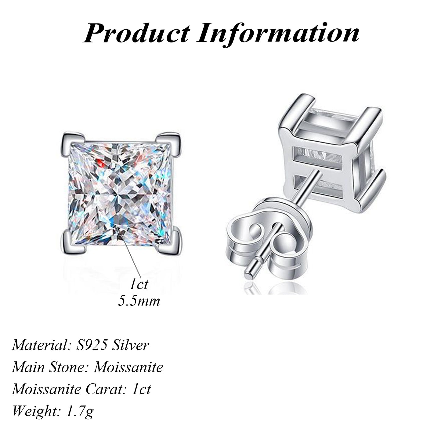 Gra Certified Square Princess Cut Moissanite Stud Earring Sterling Silver 1ct