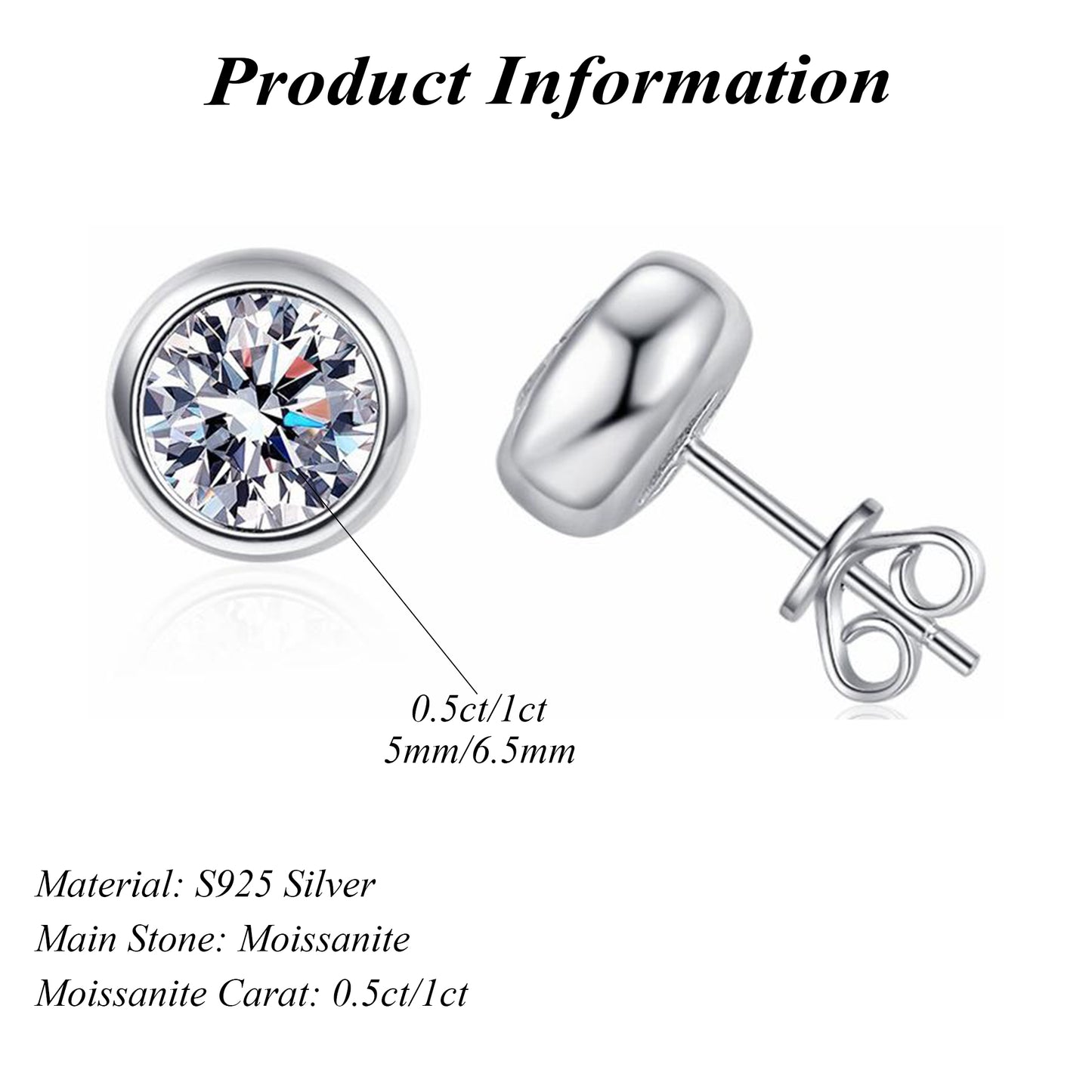 Wholesale Silver 925 Round Bezel Stud Earrings VVS Round Cut Moissanite Earrings Fine Jewelry Earrings 0.5ct/1ct