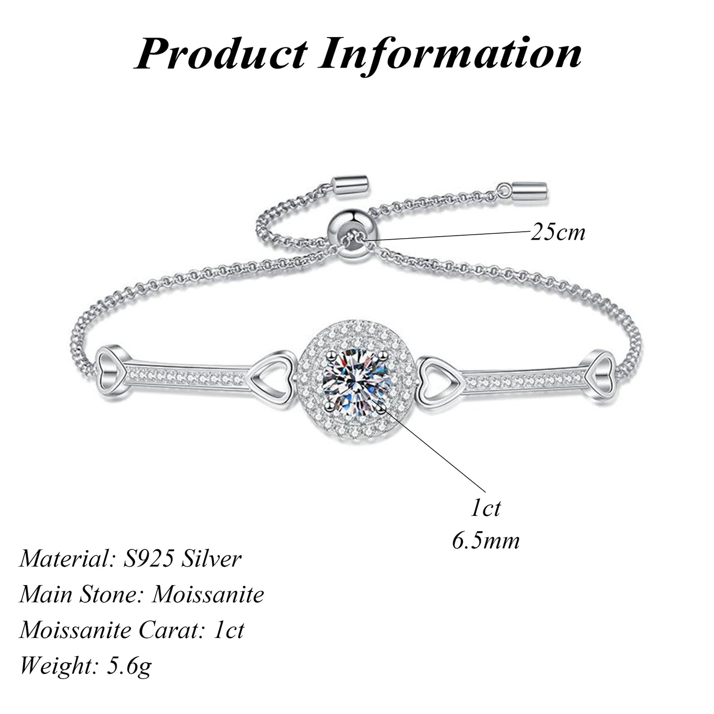 D Color Vvs 1ct Adjustable 925 Silver Round Cut Moissanite Tennis Bracelet