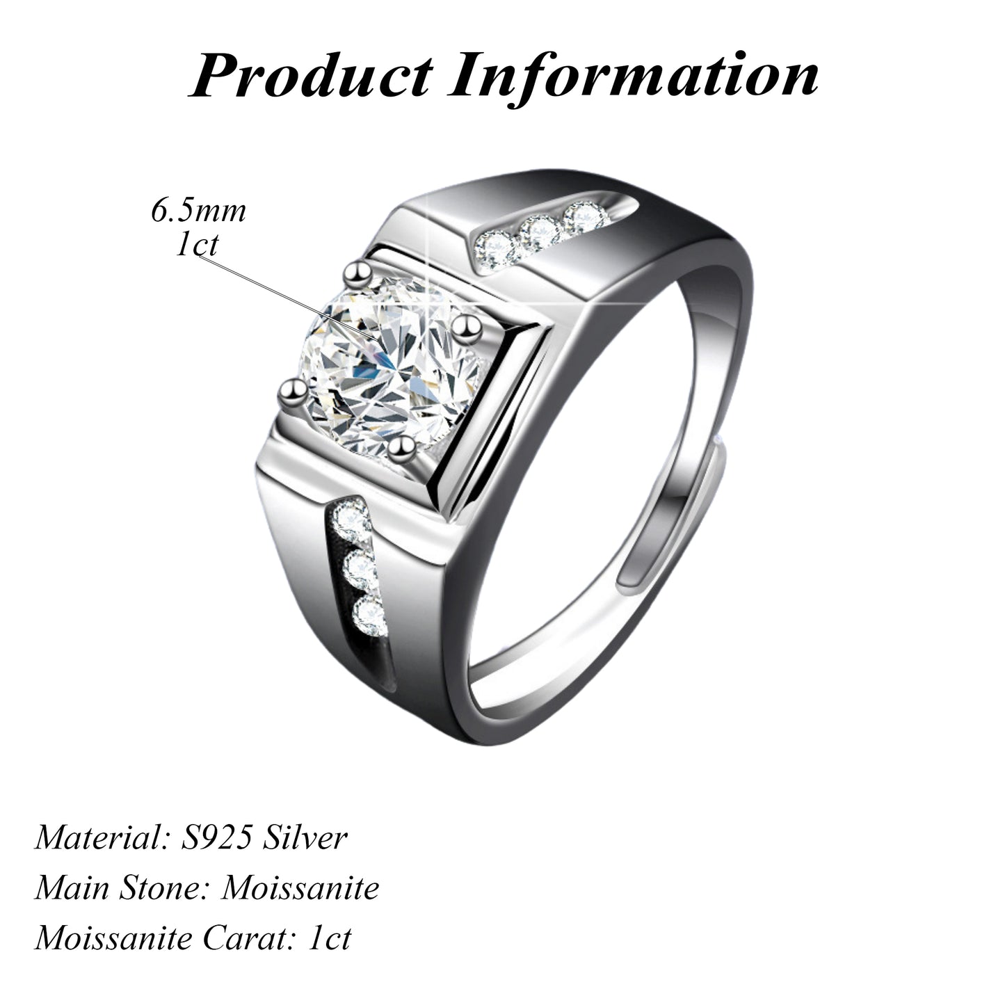 Vintage S925 Silver Men's Thumb Ring 1ct Round Cut Moissanite Ring Adjustable