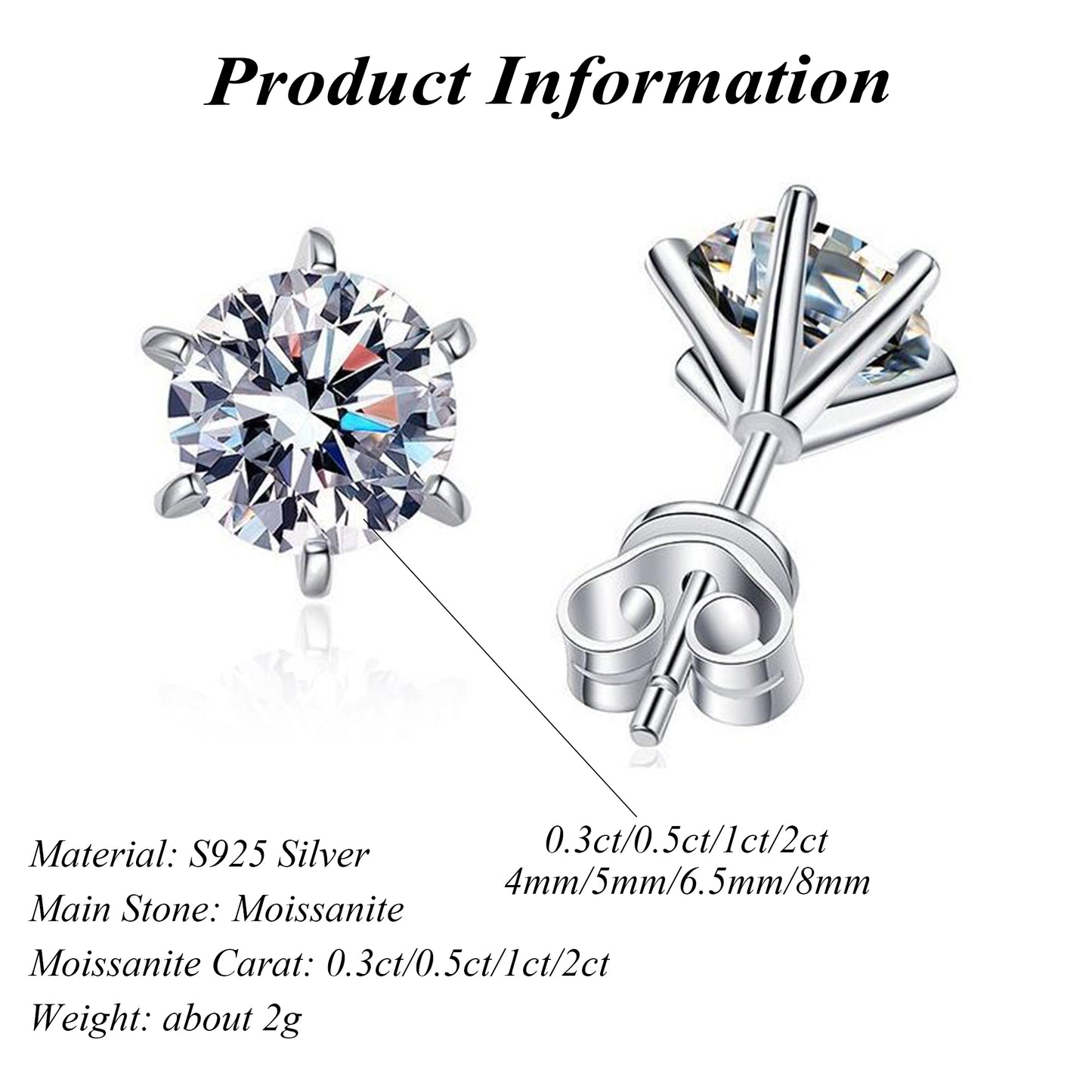 S925 Silver Female Round Cut Moissanite Earrings Rhodium Plated