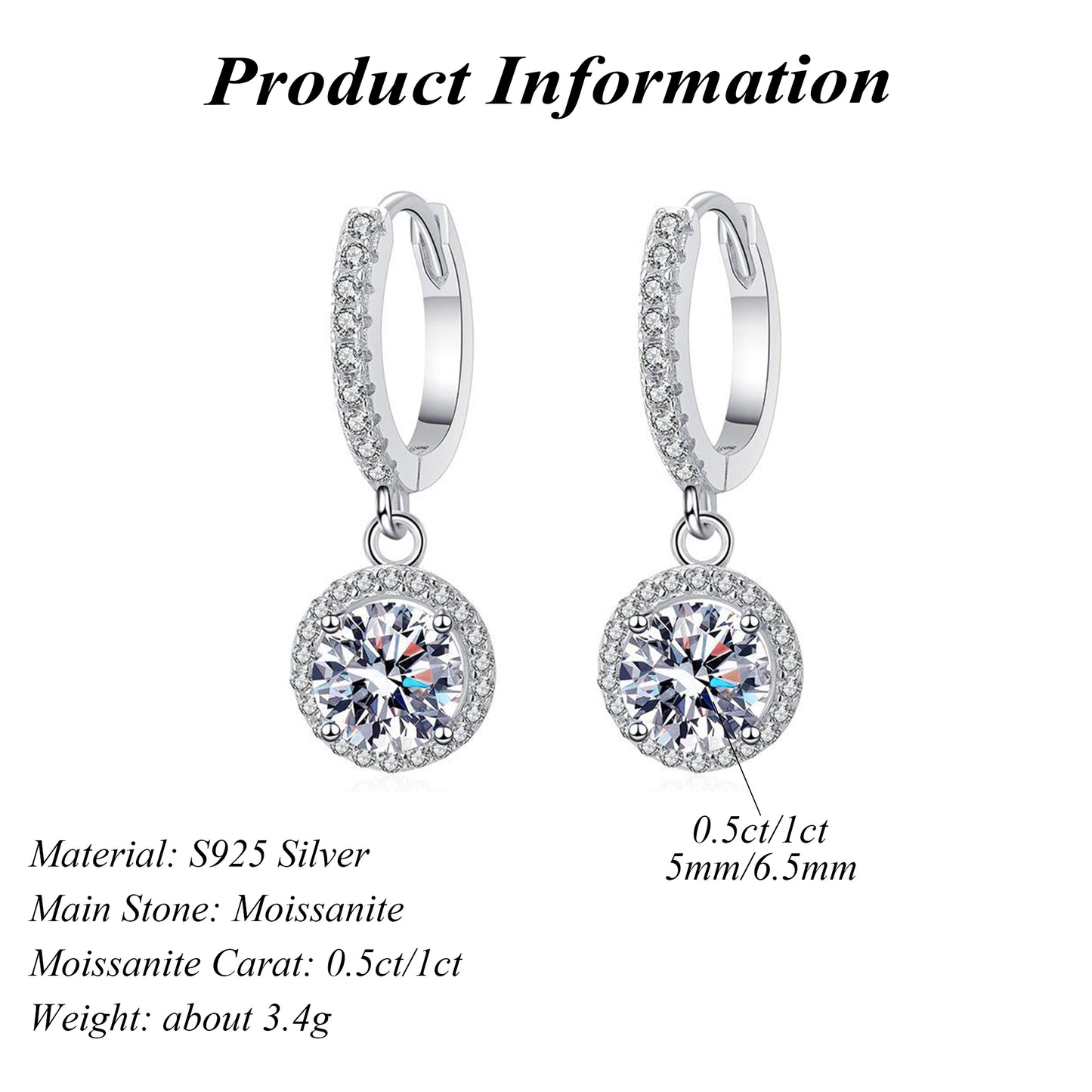 Shining 925 Sterling Silver Round Cut Moissanite Drop Earring 0.5ct/1ct