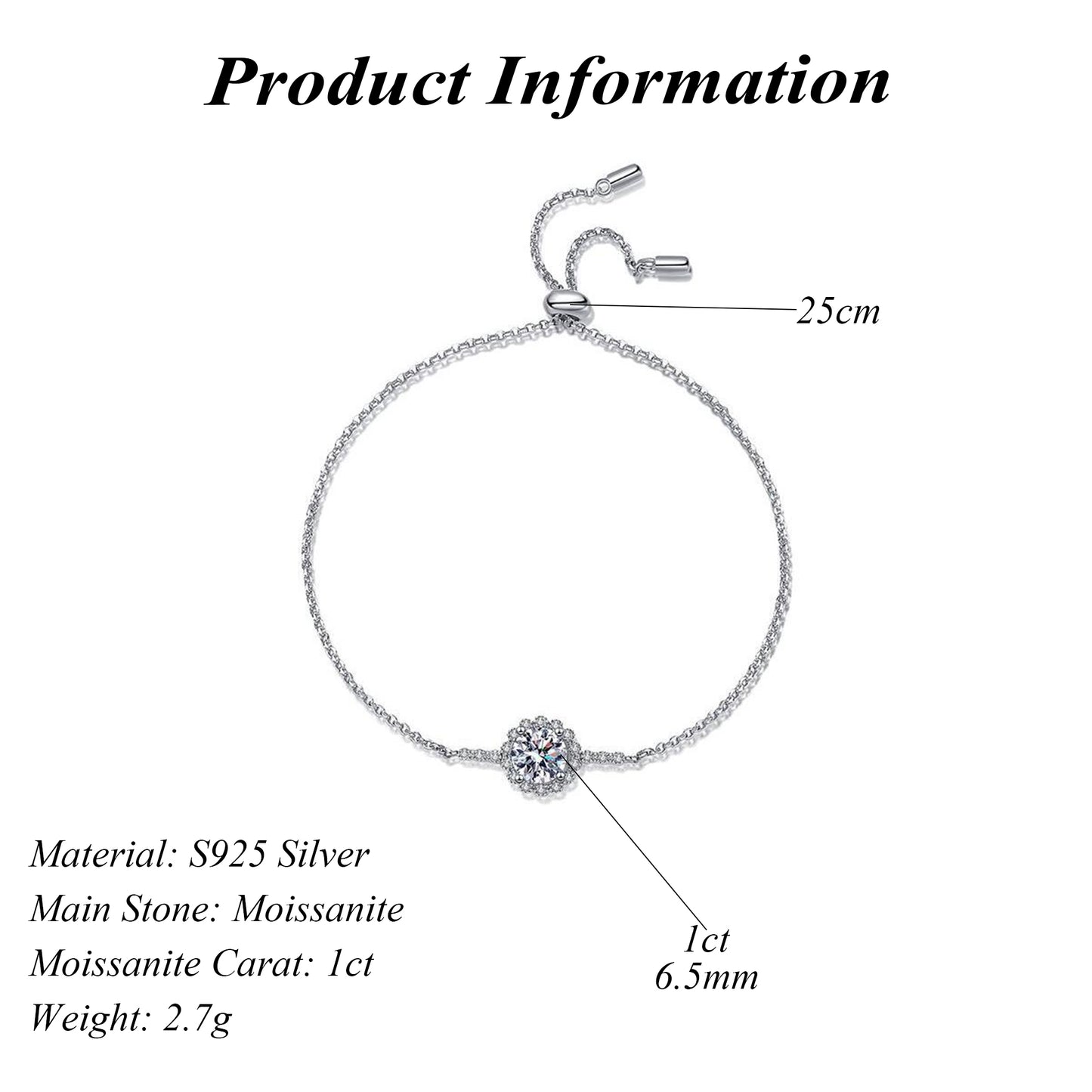 Classic 925 Sterling Silver Adjustable Round Cut Moissanite Bracelet