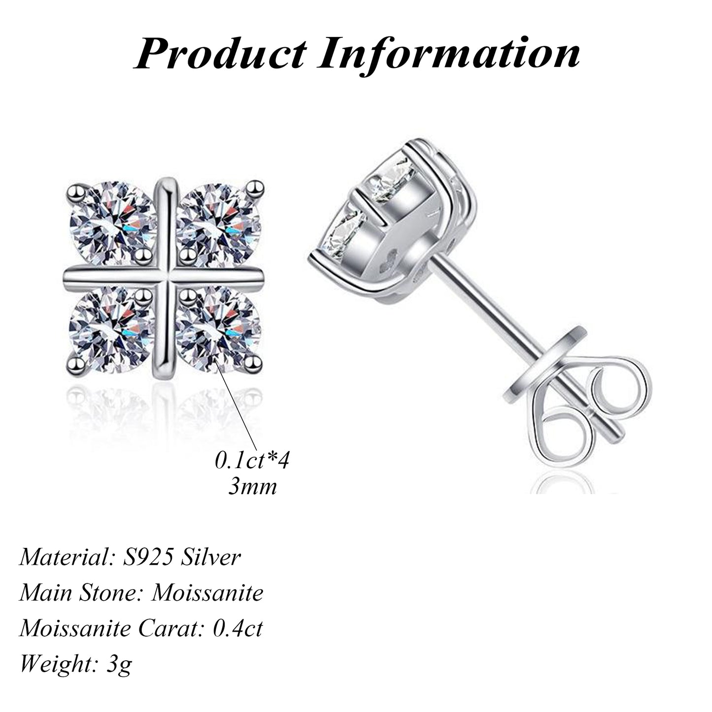 Classic Rhodium-plated S925 Sterling Silver Round Cut Moissanite Earrings 0.4ct