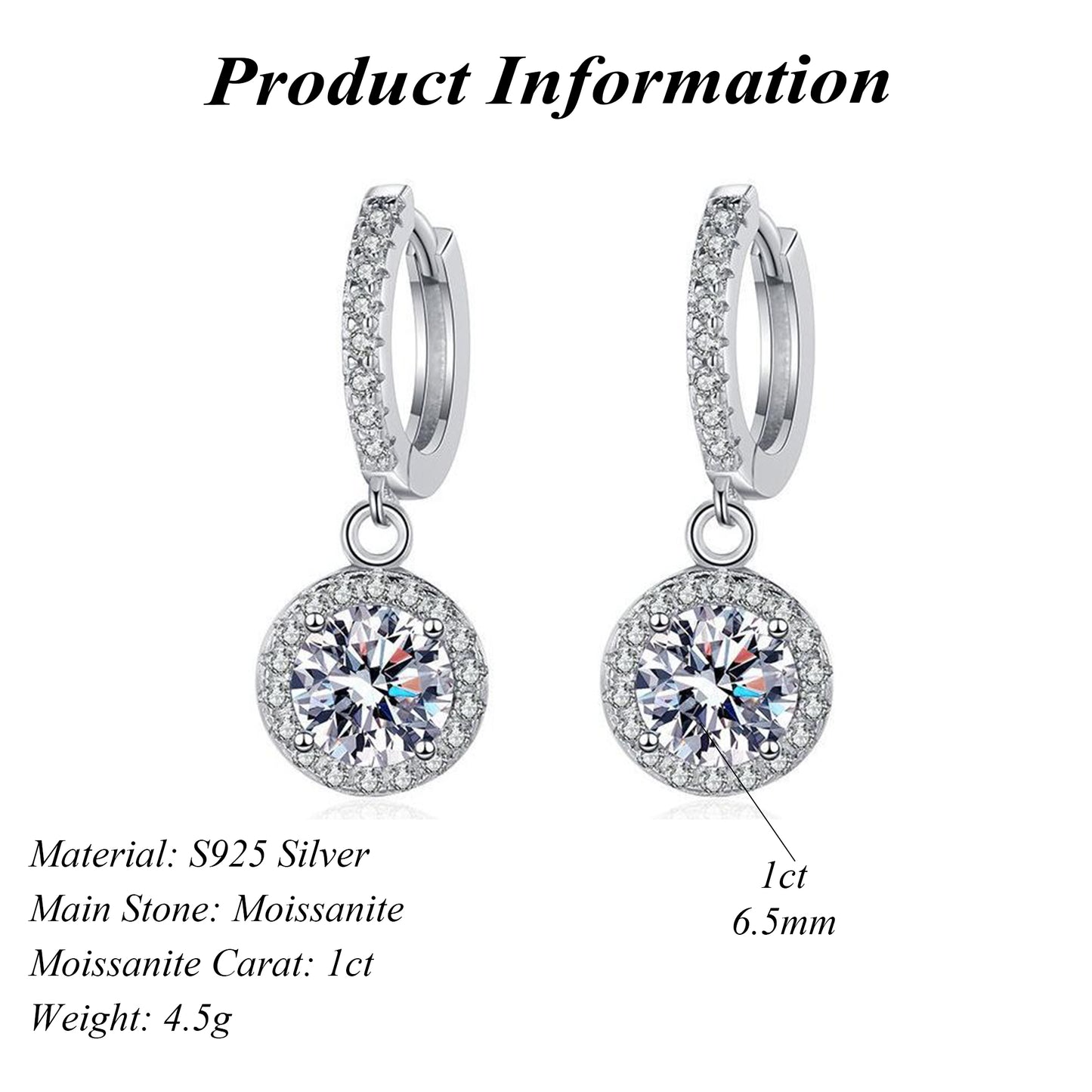 Shining 925 Sterling Silver GRA Round Cut Moissanite Drop Earring 1ct