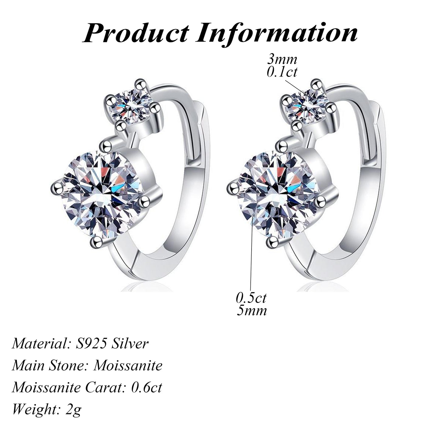 S925 Sterling Silver Rhodium Plated DEF Round Cut Moissanite Earrings Female 0.6ct
