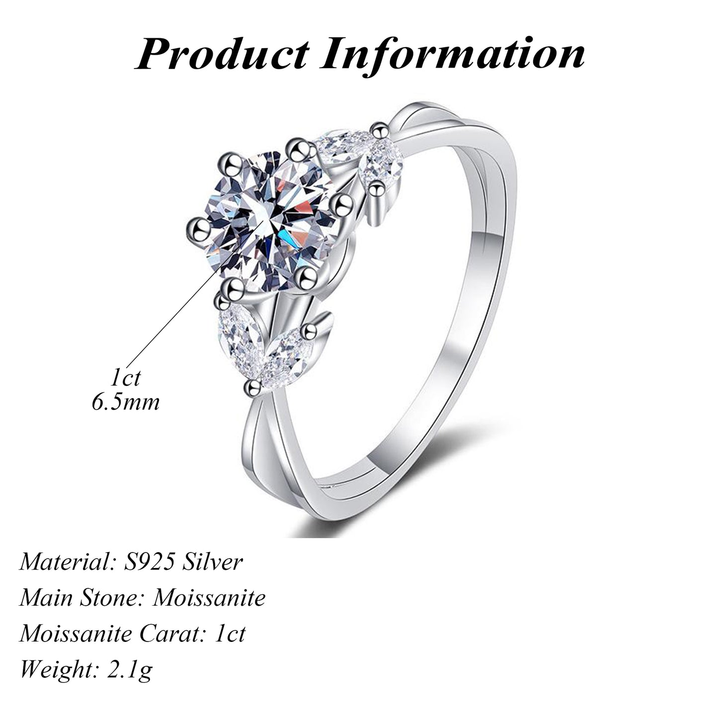 Luxury S925 Sterling Silver Round Cut Moissanite 1 Carat Ring
