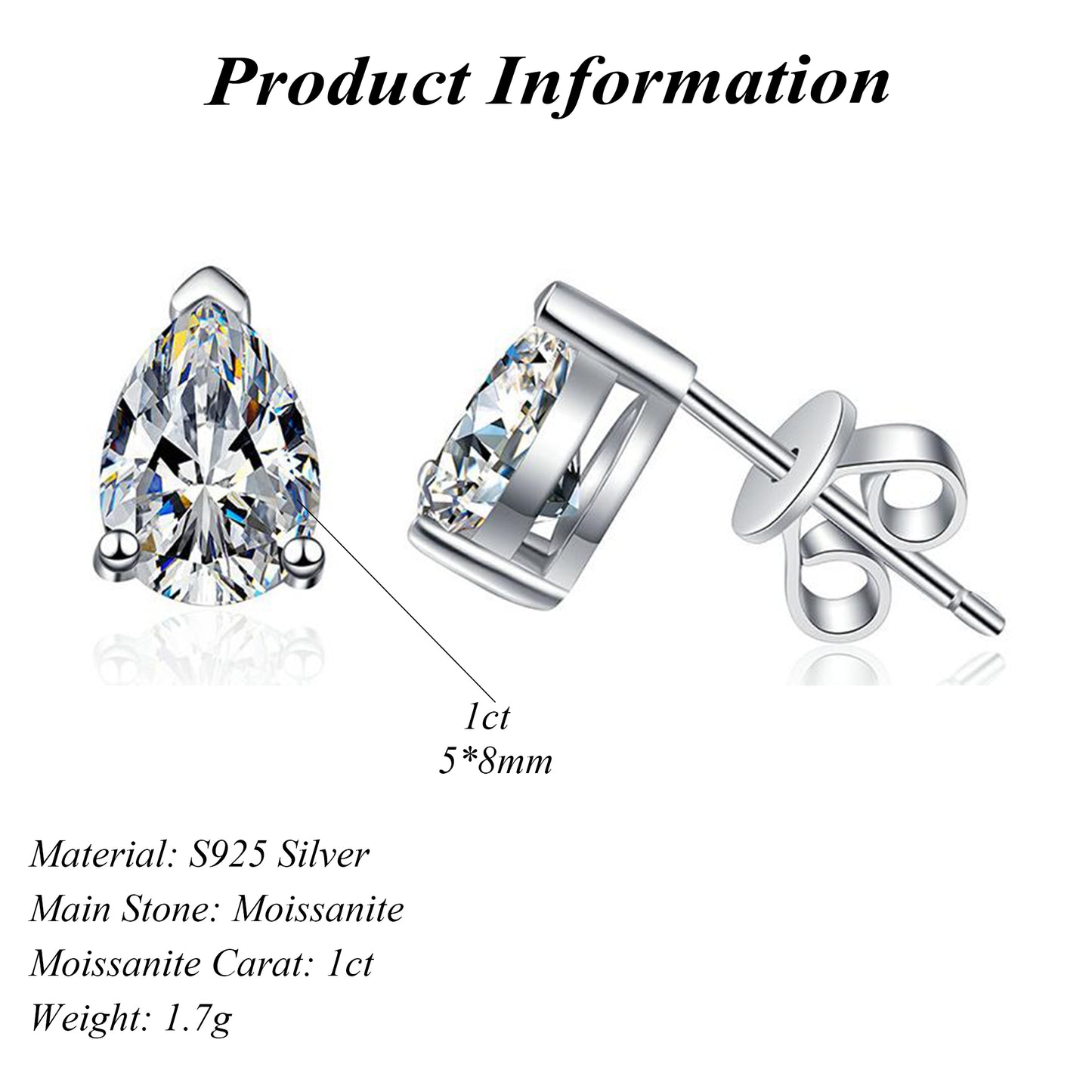 Moissanite Earrings GRA Certified Pear Cut 925 Sterling Silver 1ct