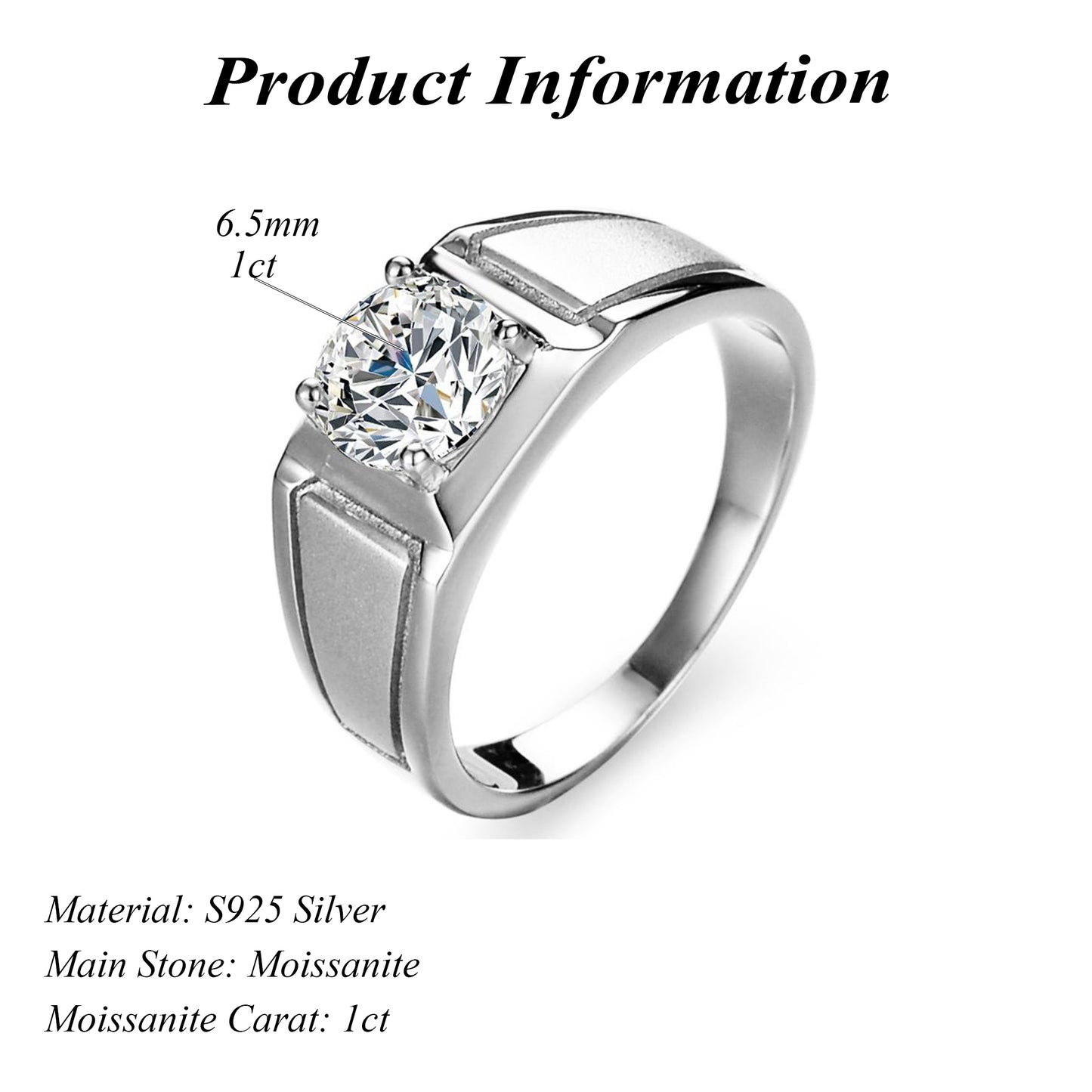 Luxury S925 Sterling Silver Brushed 1ct VVS Round Cut Men's Moissanite Rings