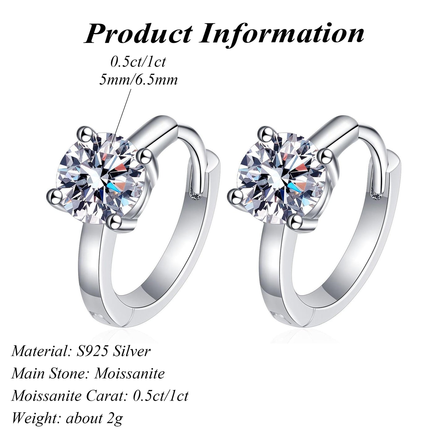 Exquisite GRA 925 Sterling Silver Round Cut Moissanite Hoop Earrings 0.5ct/1ct