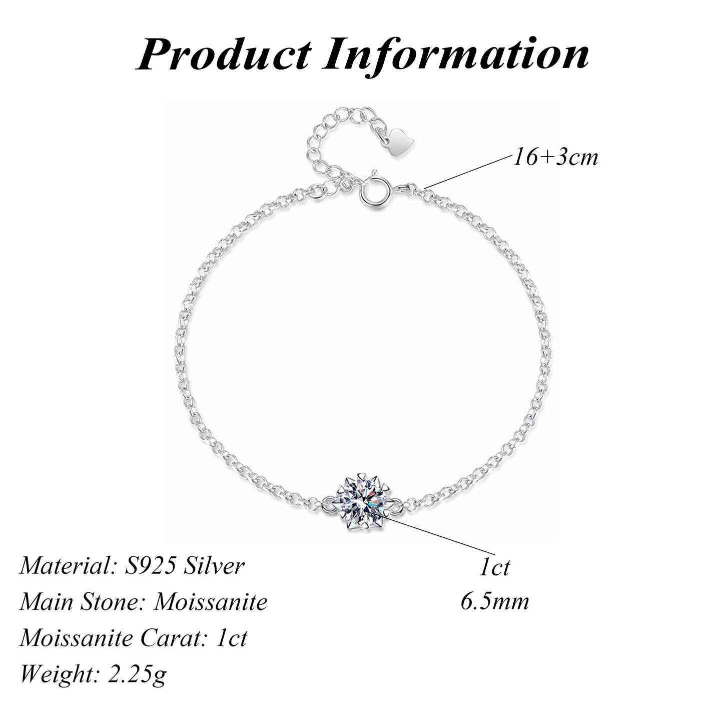 Snowflake S925 Sterling Silver Round Cut Moissanite Bracelet 1ct