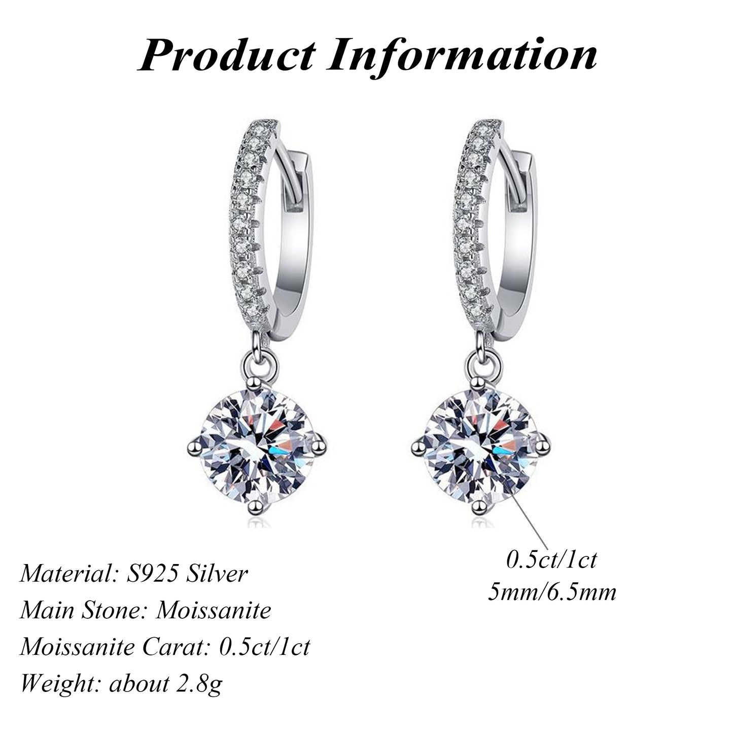 S925 Sterling Silver Four Claw Round Cut Moissanite Earrings 0.5ct/1ct