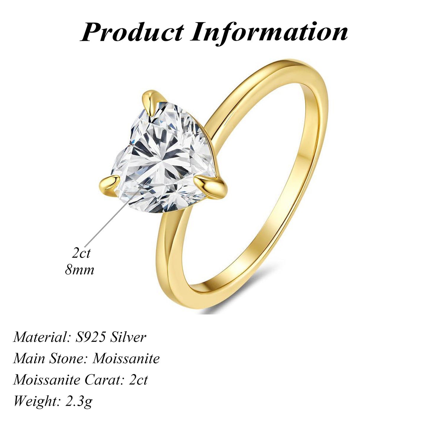 14K Gold Plated S925 Silver Heart Cut 2ct Solitaire Moissanite Engagement Ring