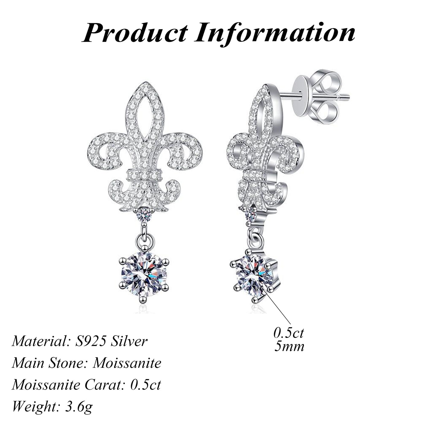 Crown Drop Earrings S925 DEF Round Cut Moissanite Earrings 0.5ct