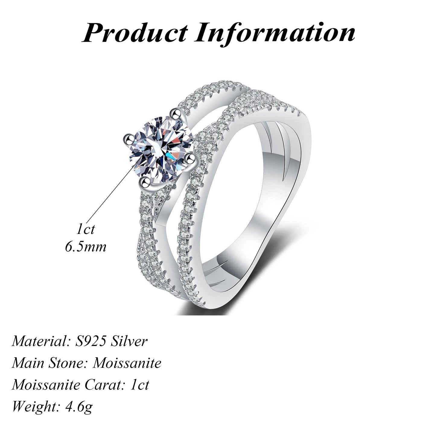 S925 Sterling Silver Classic Ring with Round Cut Moissanite 1ct