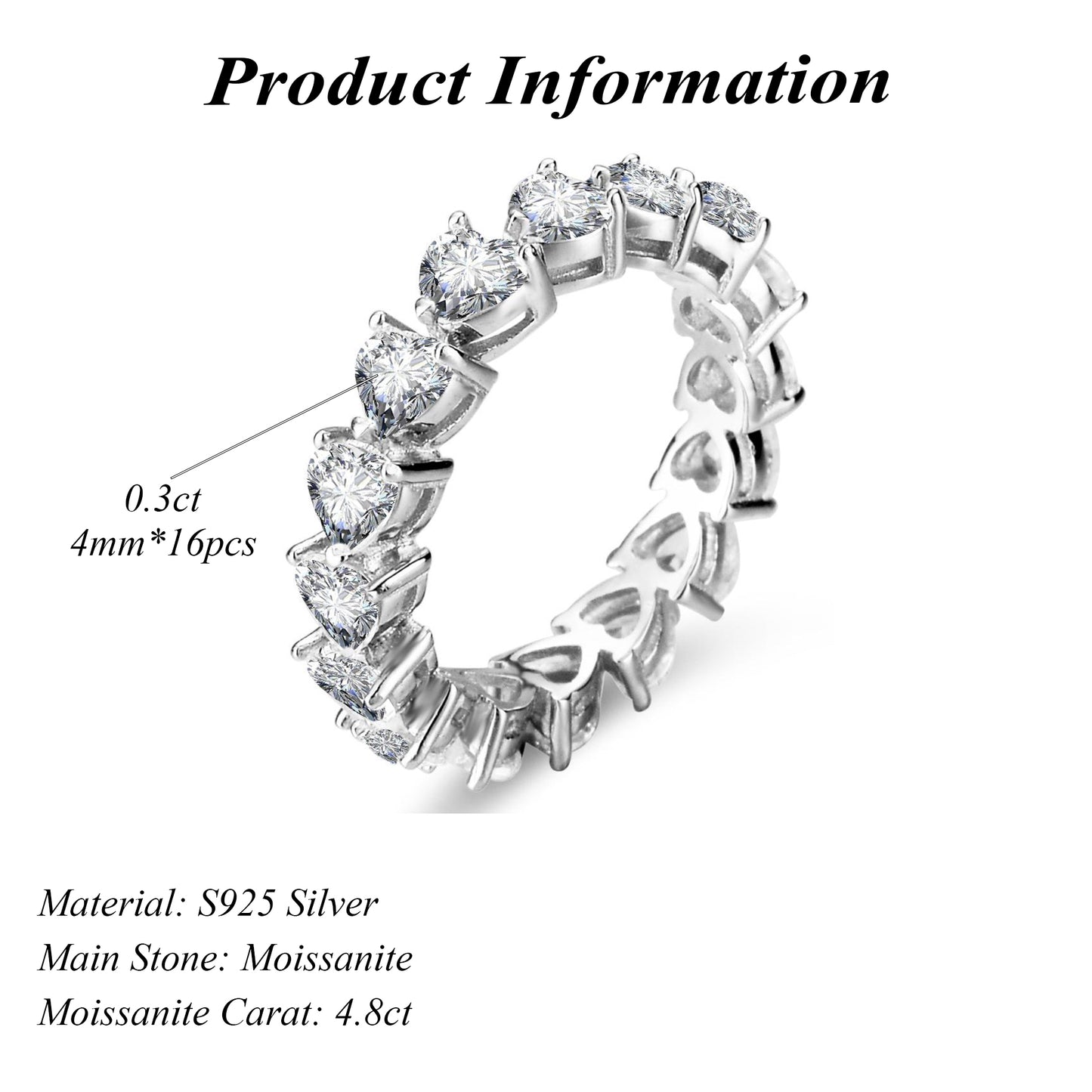 Fine S925 Silver Heart Cut Moissanite Tennis Ring Wedding Band 4.8ct for Party