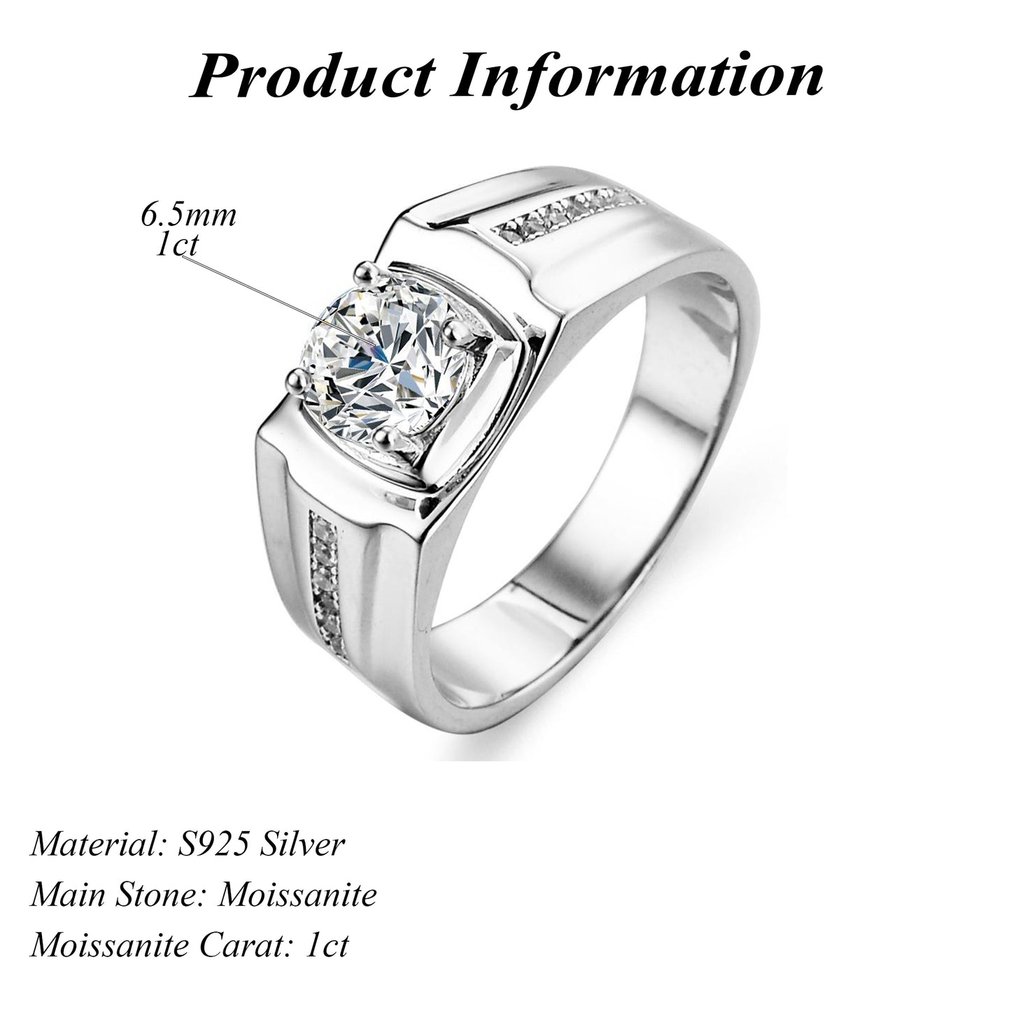 Luxury Men's 1ct S925 Sterling Silver VVS Round Cut Moissanite Ring