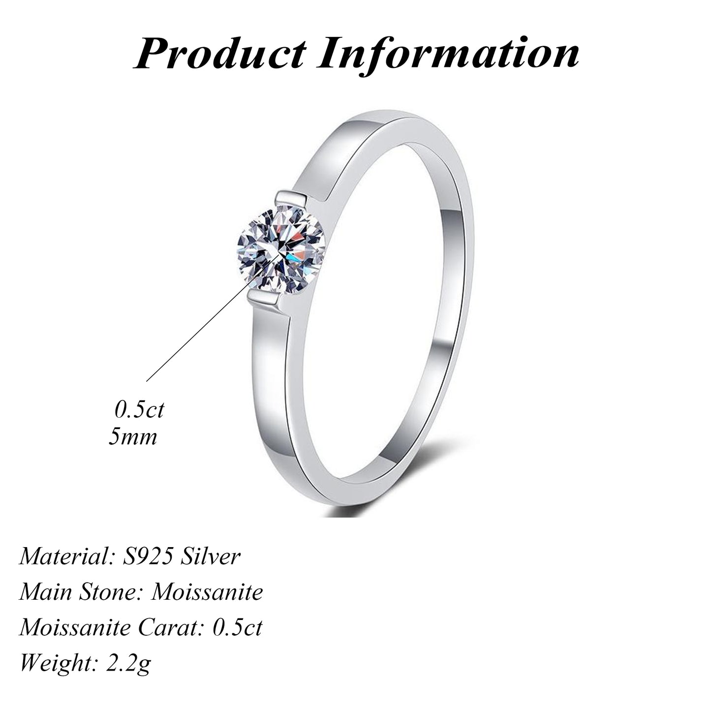High-End 0.5ct S925 Sterling Silver Round Cut Moissanite Proposal Ring