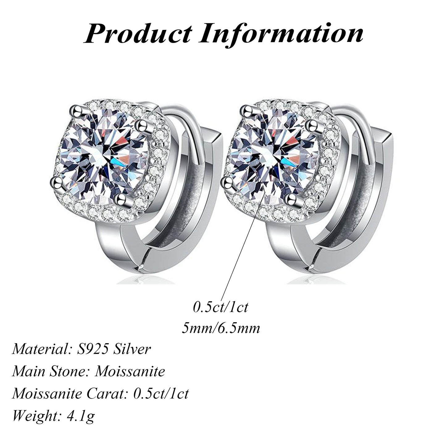 S925 Sterling Silver Round Cut Moissanite Earrings Female 0.5ct/1ct